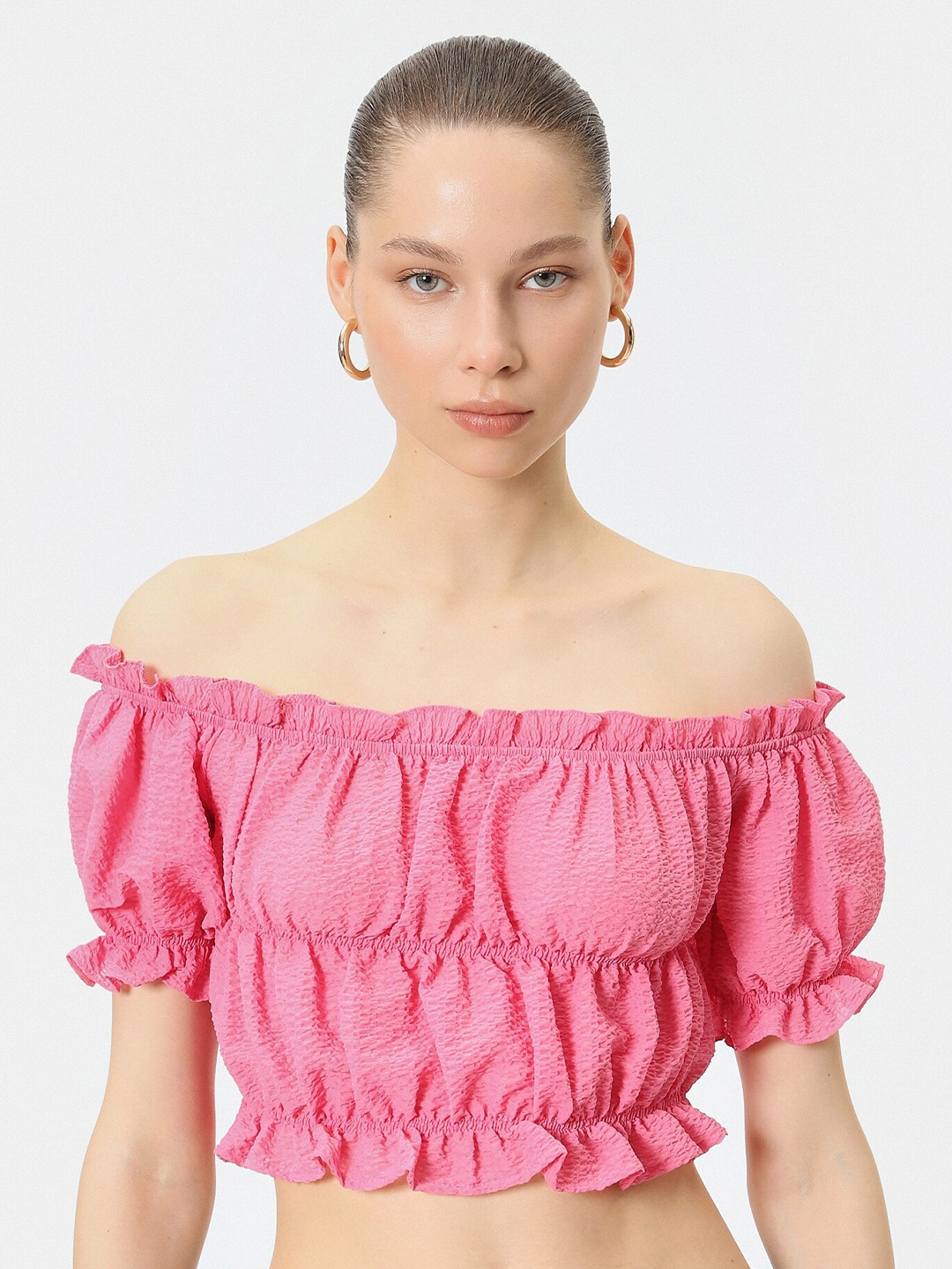 

Koton Self Design Off-Shoulder Bardot Crop Top, Pink