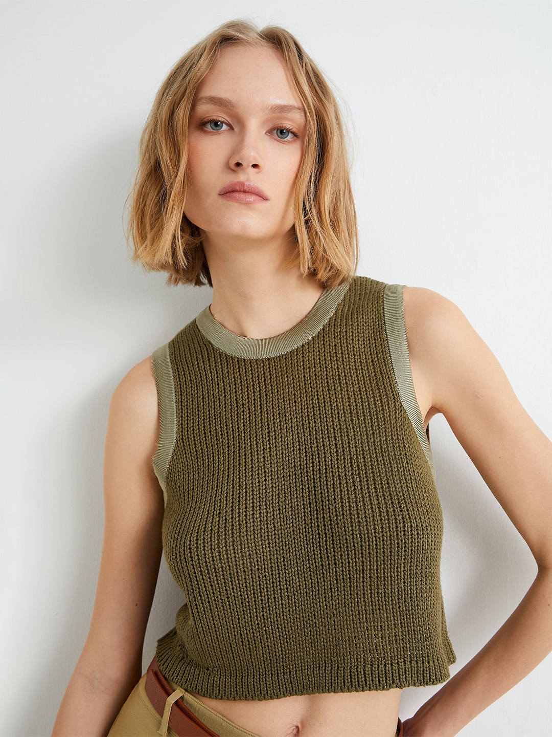 

Koton Self Design Sleeveless Tank Crop Top, Khaki