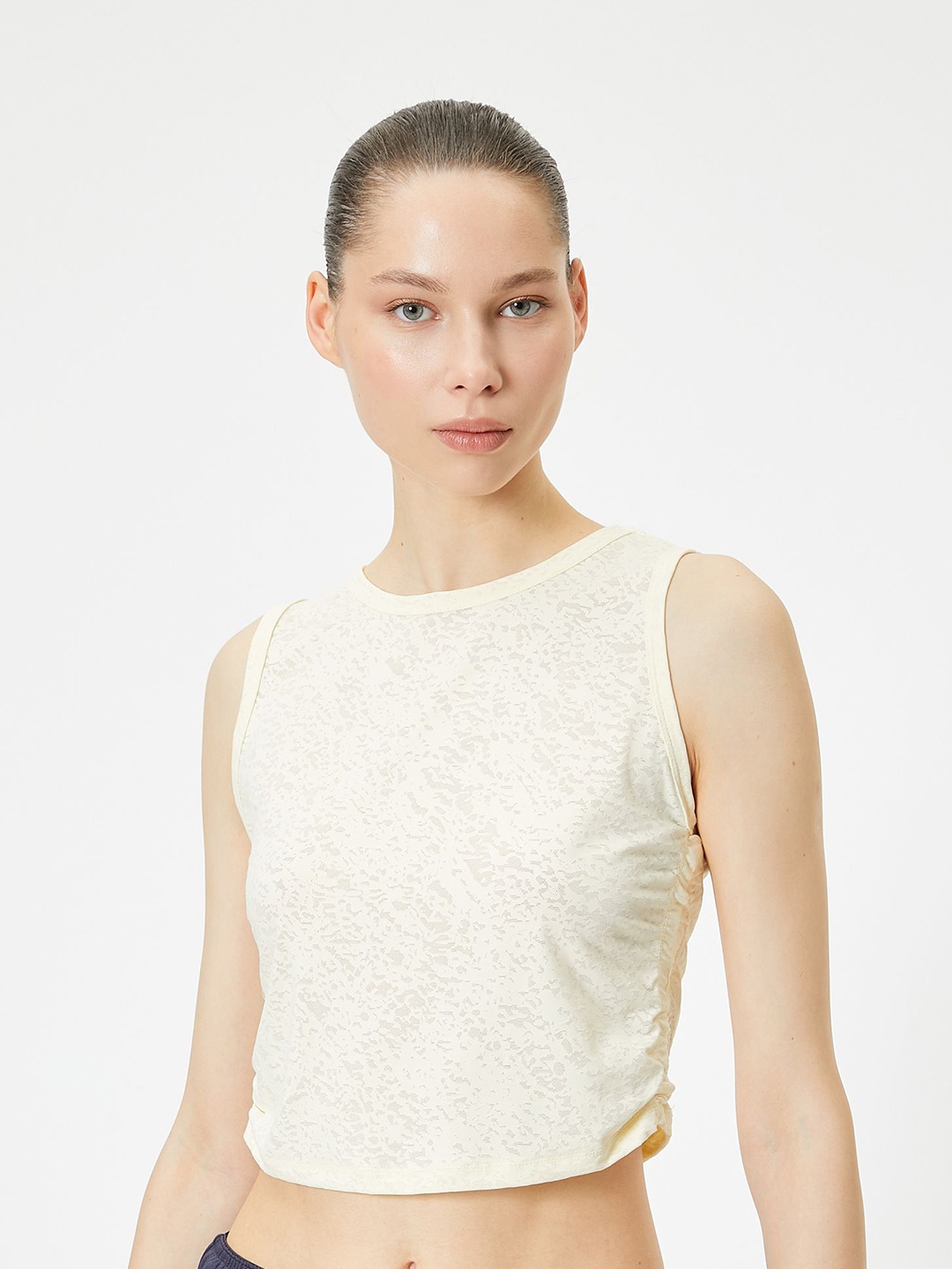 

Koton SElf Design Round Neck Sleeveless Tank Crop Top, Off white
