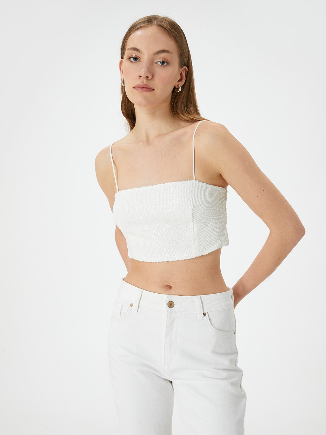 

Koton Women Shoulder Straps Embellished Sleeveless Crop Top, Off white