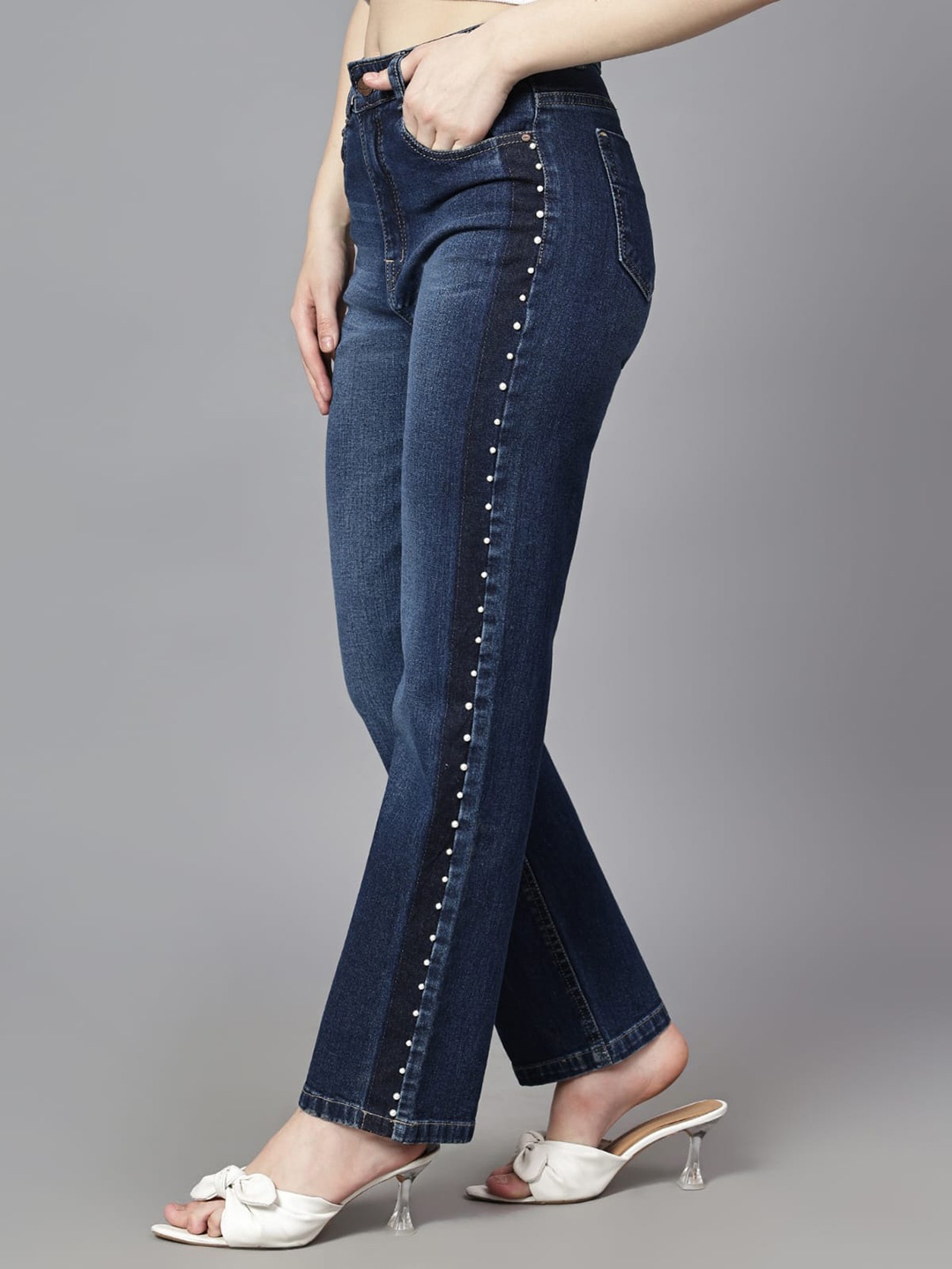 

FASHIONFIBRE Women Slim Fit High-Rise Light Fade Low Distress Cotton Jeans, Blue