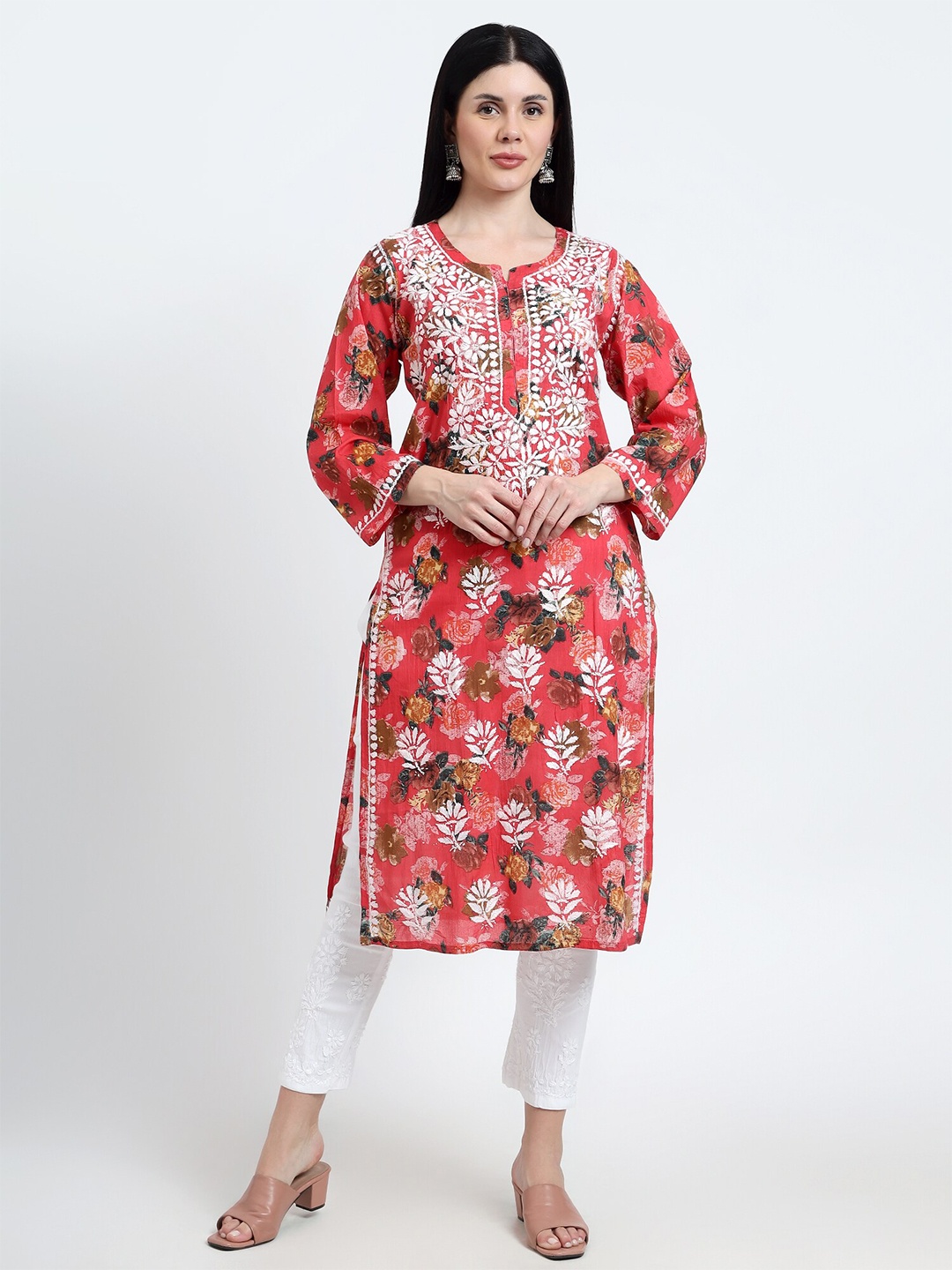

Rosecloud Floral Embroidered Notch Neck Straight Kurta, Maroon