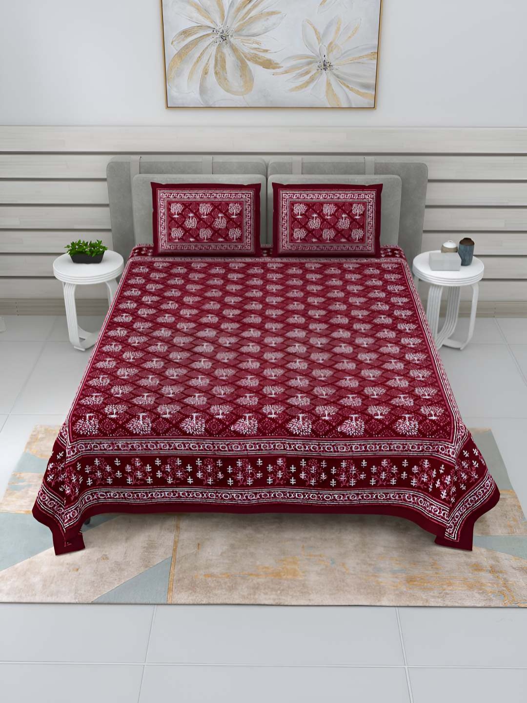 

BED-SHEET.COM Maroon & Pink Ethnic Motifs Cotton 240 TC King Bedsheet With 2 Pillow Covers