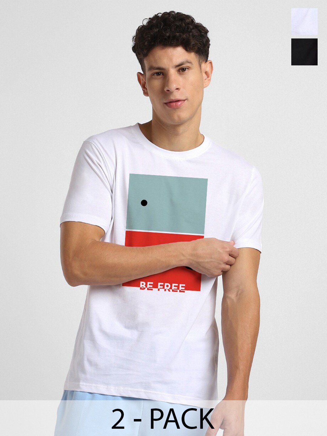 

NOBERO Pack of 2 Men Round Neck Graphic Printed Cotton T-shirt, Multi