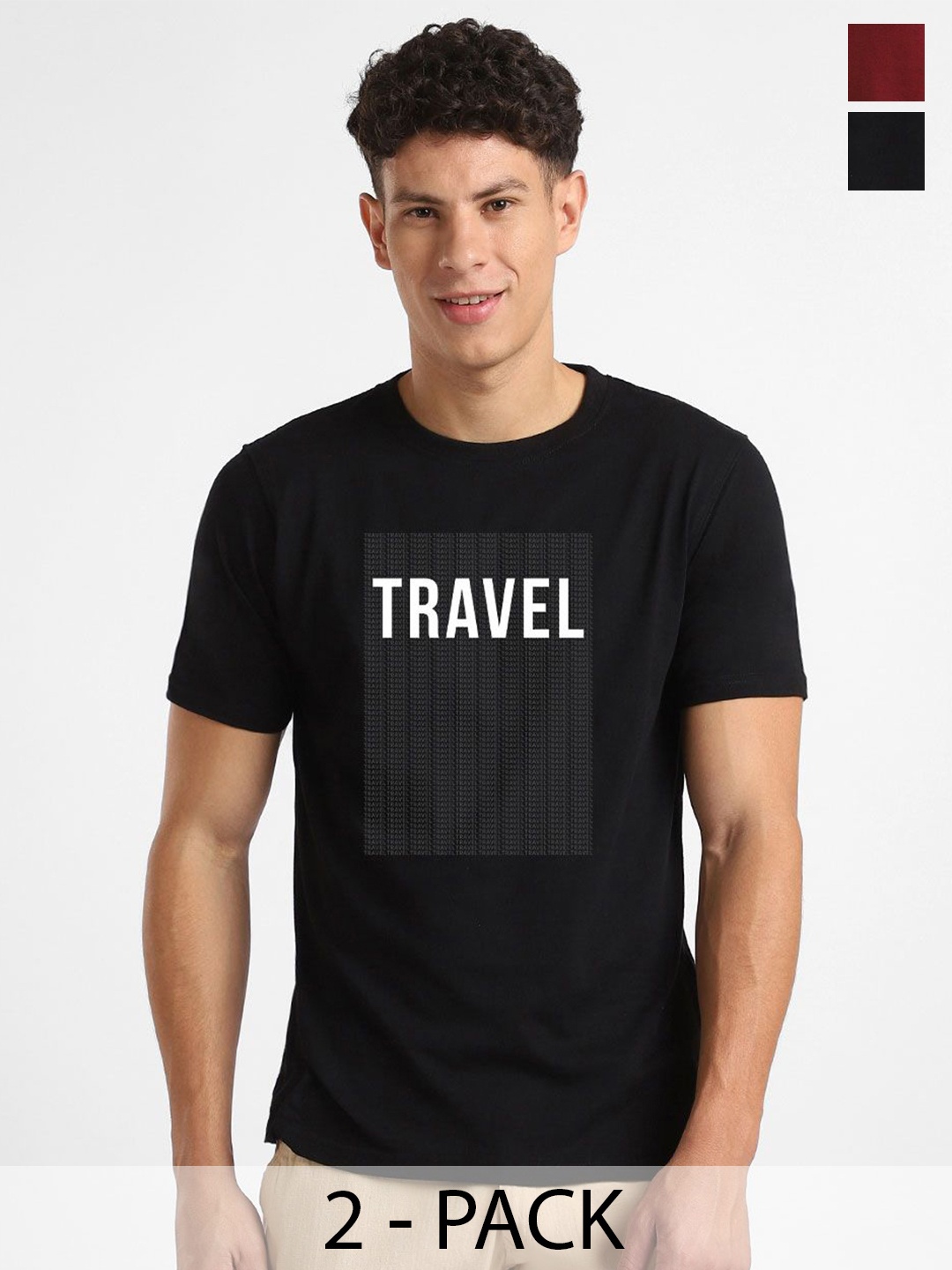 

NOBERO Pack of 2 Men Round Neck Typography Cotton T-shirt, Black