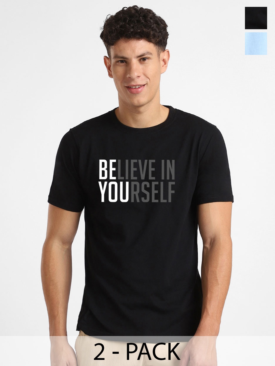 NOBERO Pack of 2 Men Round Neck Typography Cotton T-shirt, Black