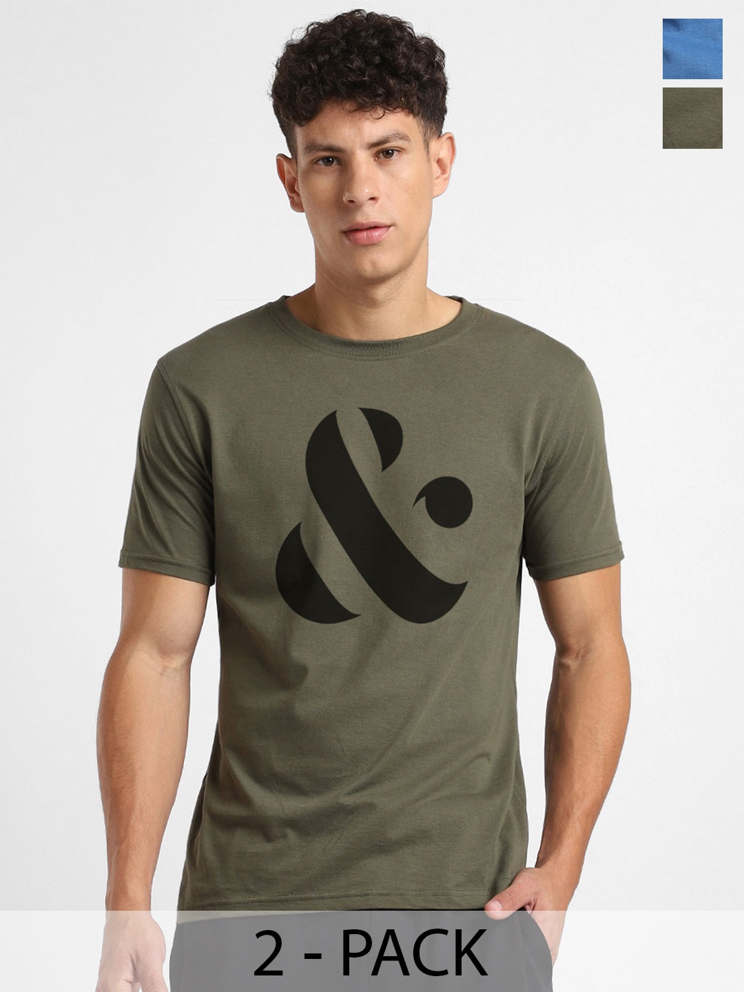 

NOBERO Pack of 2 Men Round Neck Typography Cotton T-shirt, Blue