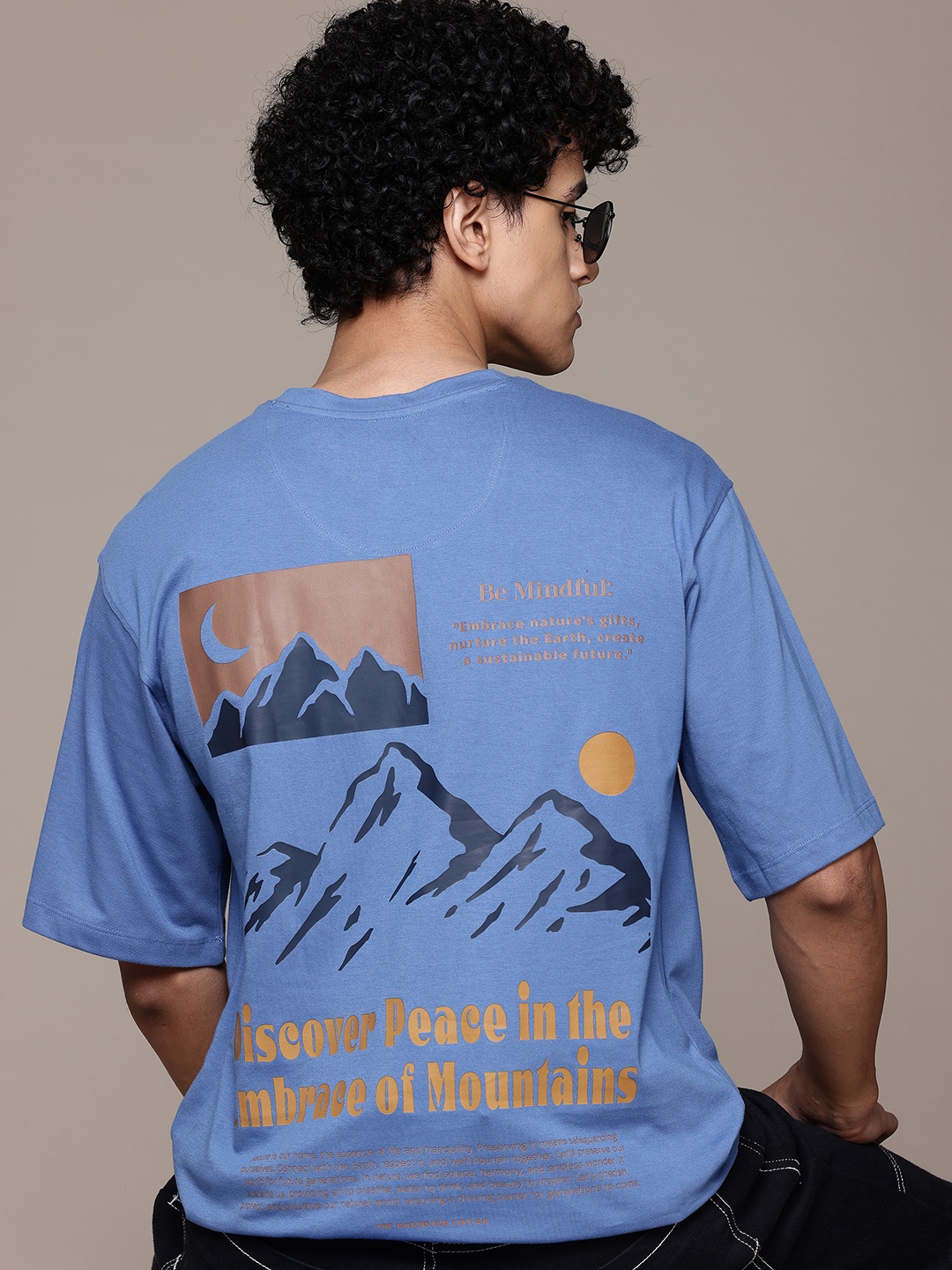 

The Roadster Lifestyle Co. Printed Drop-Shoulder Sleeves Relaxed T-shirt, Blue