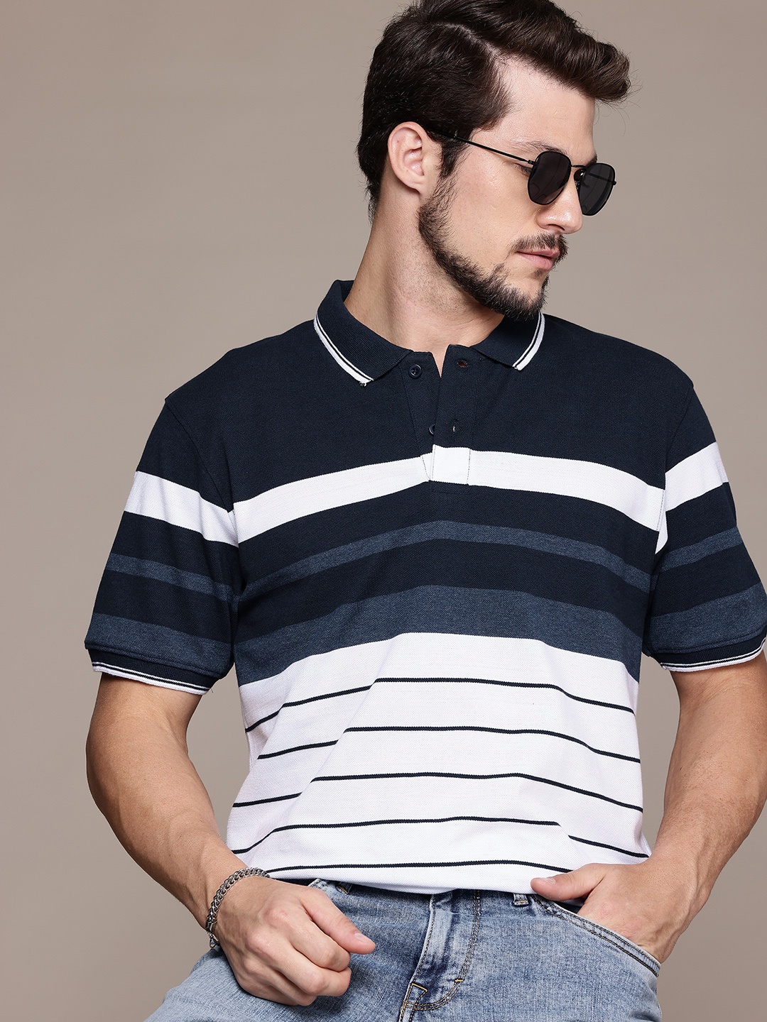 

The Roadster Lifestyle Co. Striped Polo Collar T-shirt, Navy blue