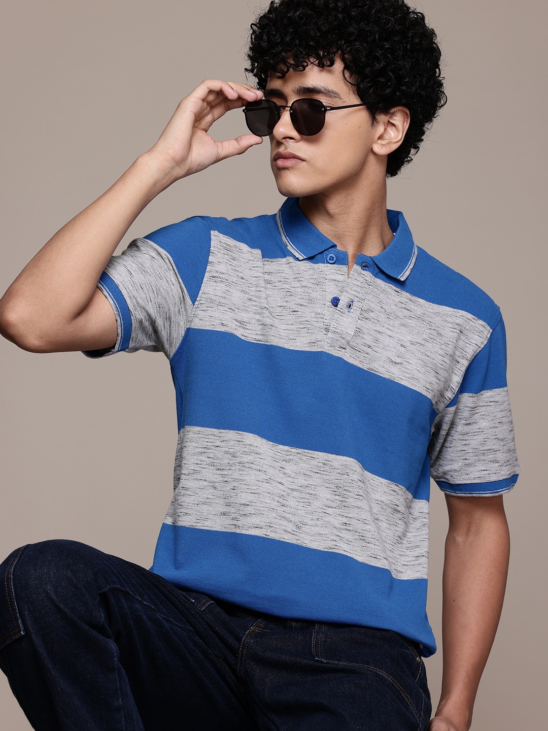 

The Roadster Lifestyle Co. Men Striped Polo Collar T-shirt, Blue