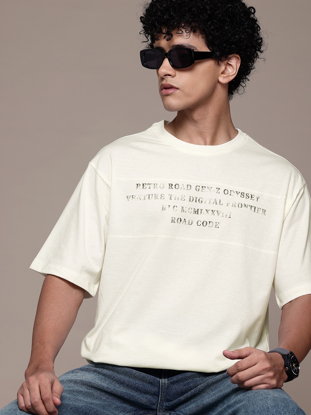 

The Roadster Lifestyle Co. Printed Drop-Shoulder Sleeves Relaxed T-shirt, Off white