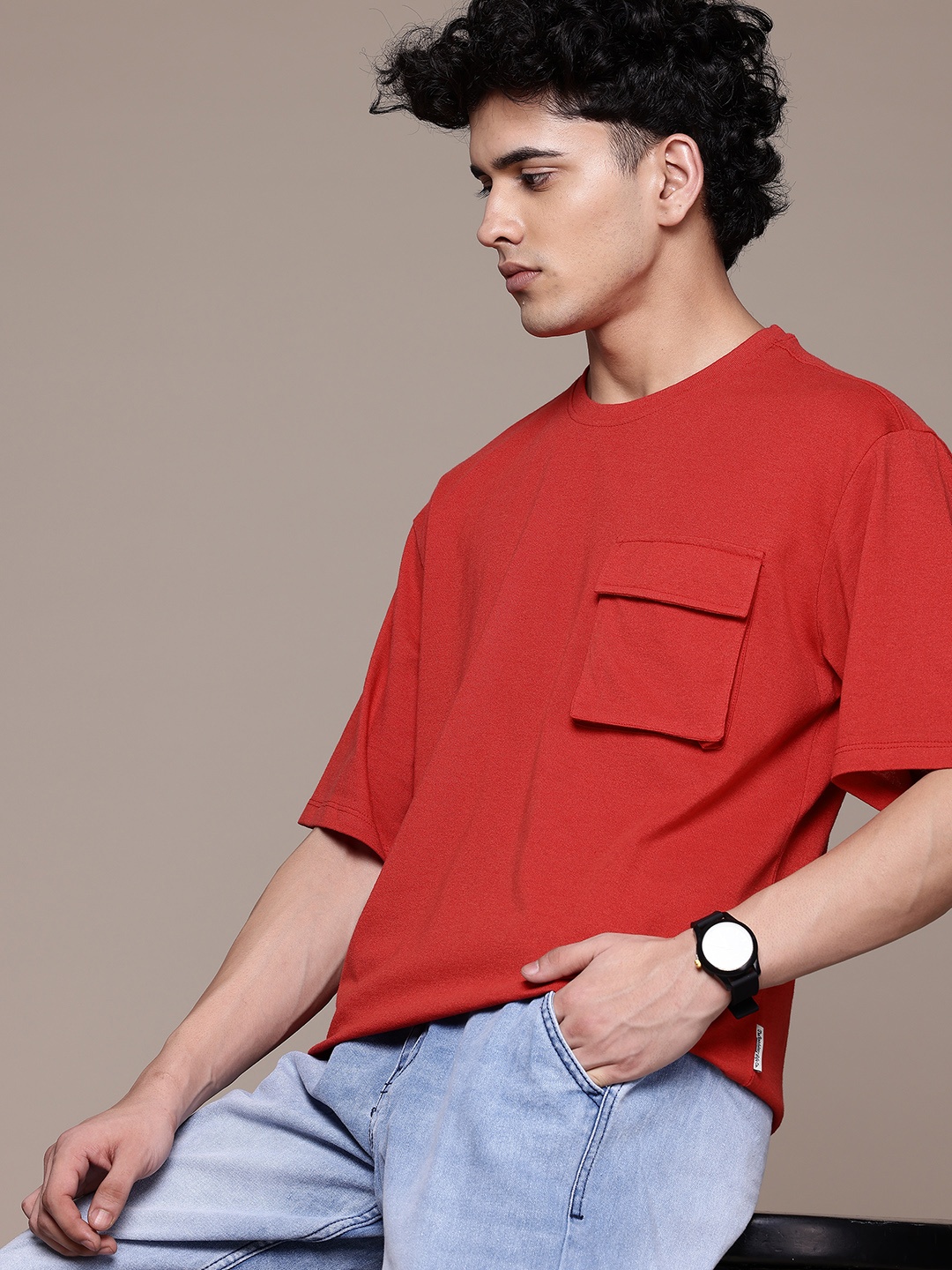 The Roadster Lifestyle Co. Relaxed Fit Pure Cotton T-shirt With Chest Pocket, Red