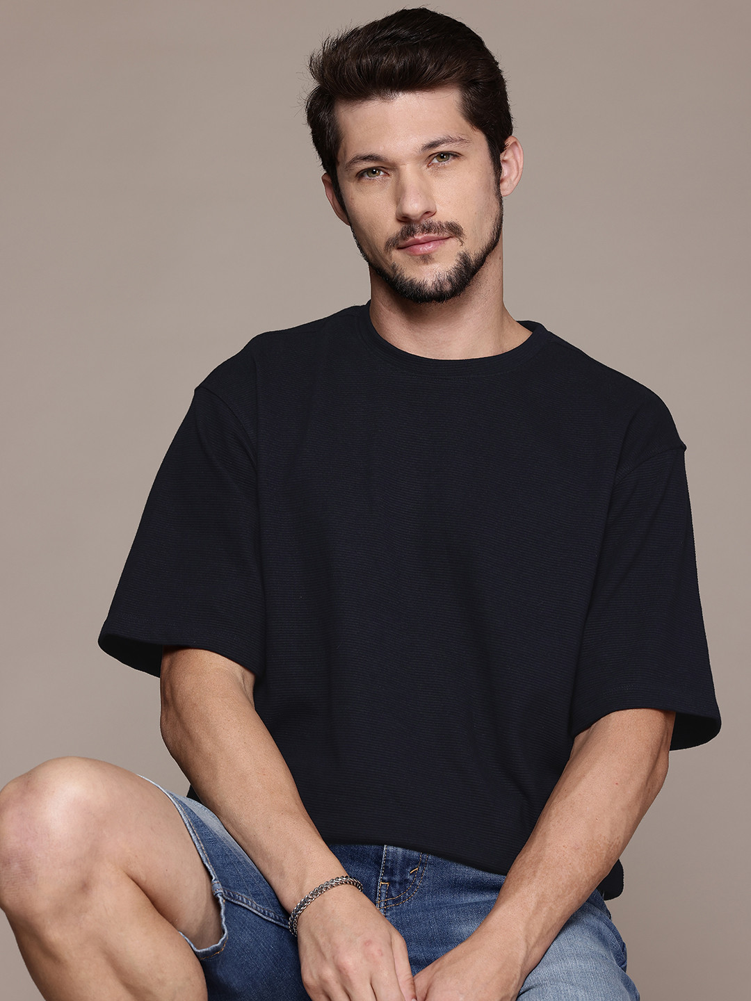 

The Roadster Lifestyle Co. Drop-Shoulder Sleeves Ribbed Relaxed T-shirt, Navy blue