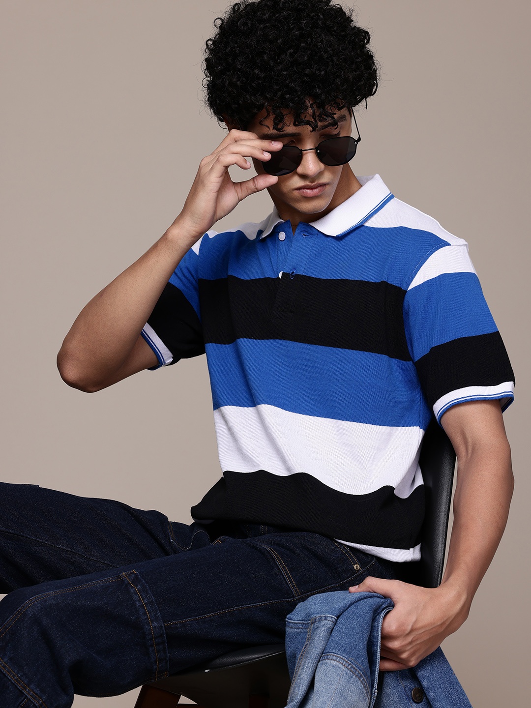 

The Roadster Lifestyle Co. Men Striped Polo Collar T-shirt, Blue