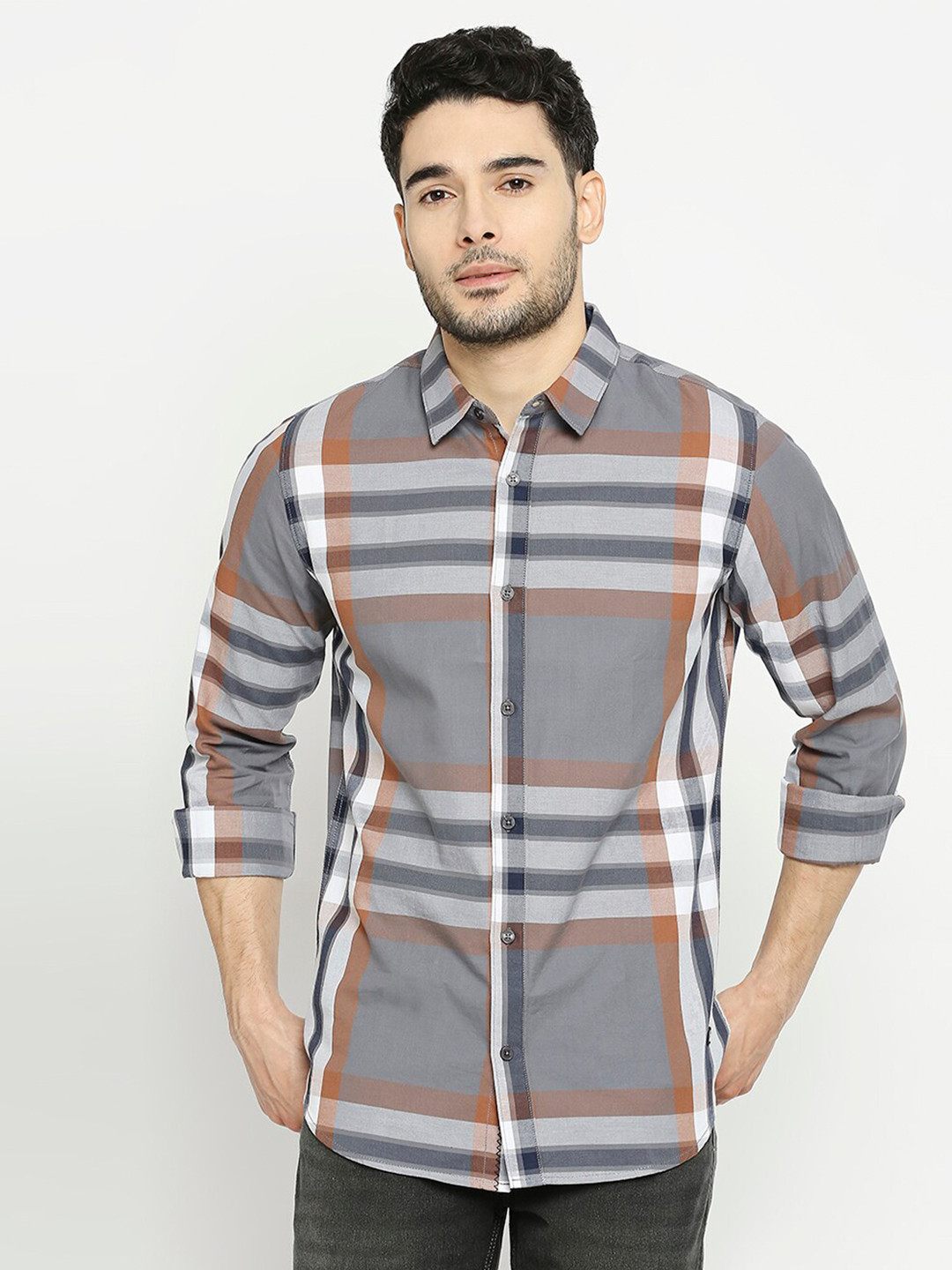 

Solemio Comfort Slim Fit Windowpane Checked Spread Collar Pure Cotton Casual Shirt, Grey