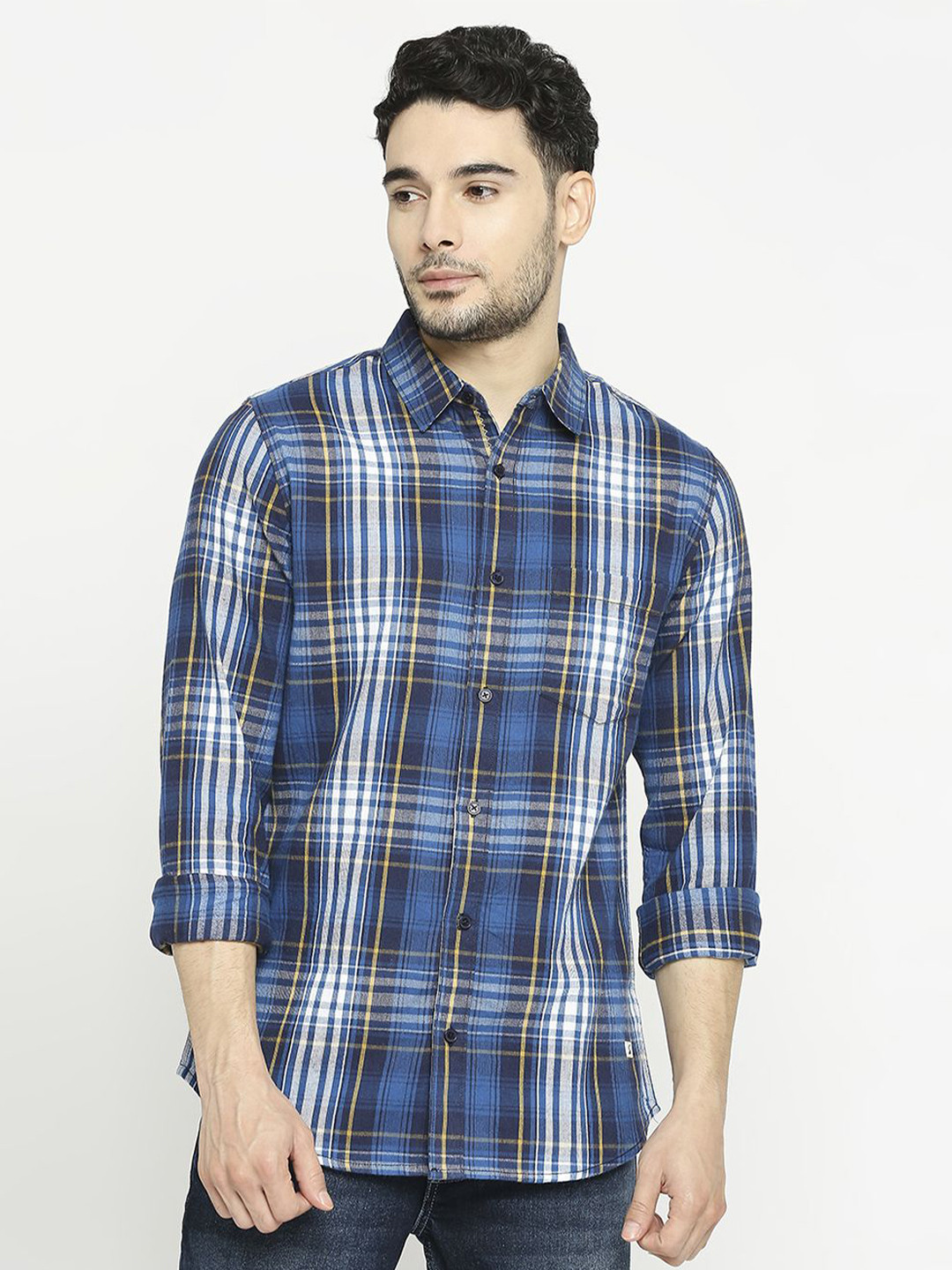 

Solemio Comfort Slim Fit Tartan Checked Spread Collar Pure Cotton Casual Shirt, Blue