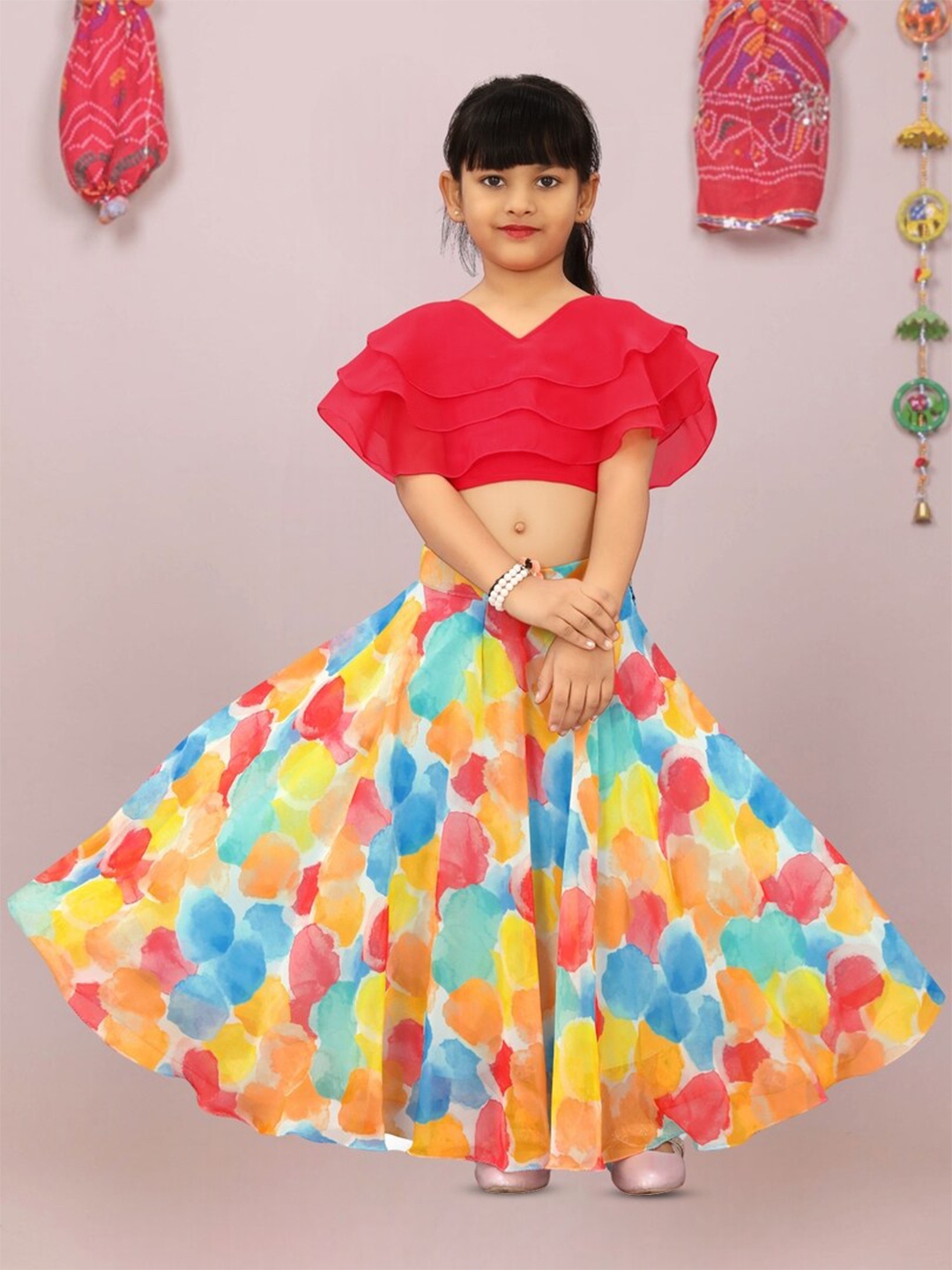 

BAESD Girls Geometric Printed Ready to Wear Lehenga Choli, Pink