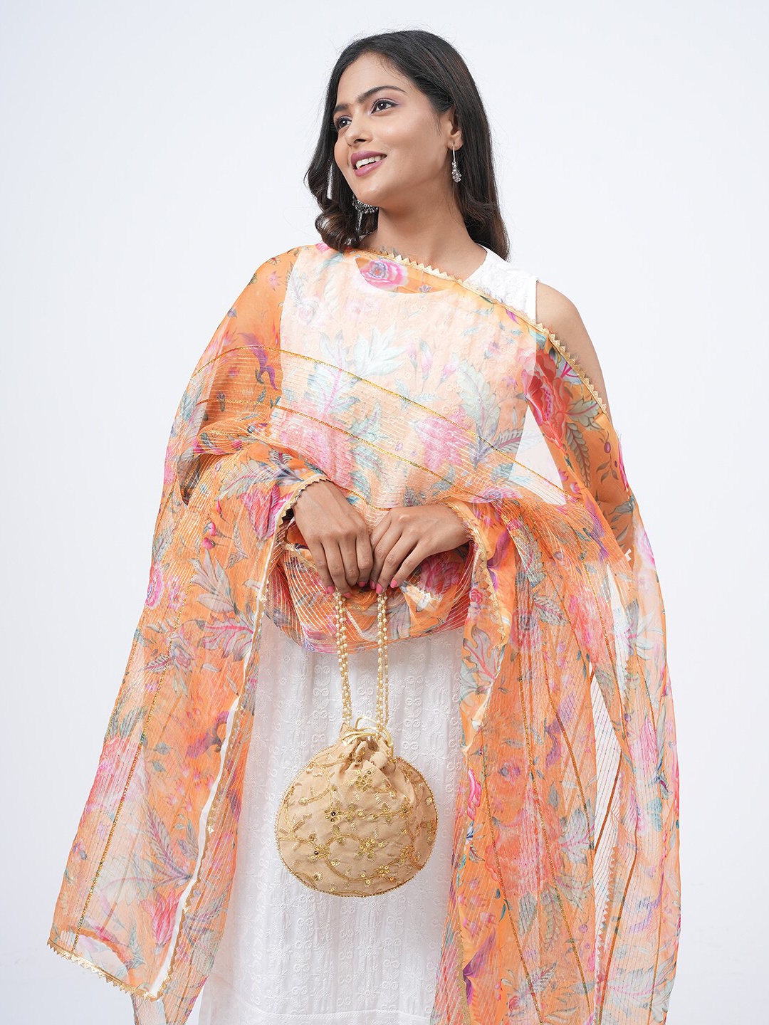 

HELLA FASHIONS Floral Printed Organza Dupatta With Gotta Patti, Orange