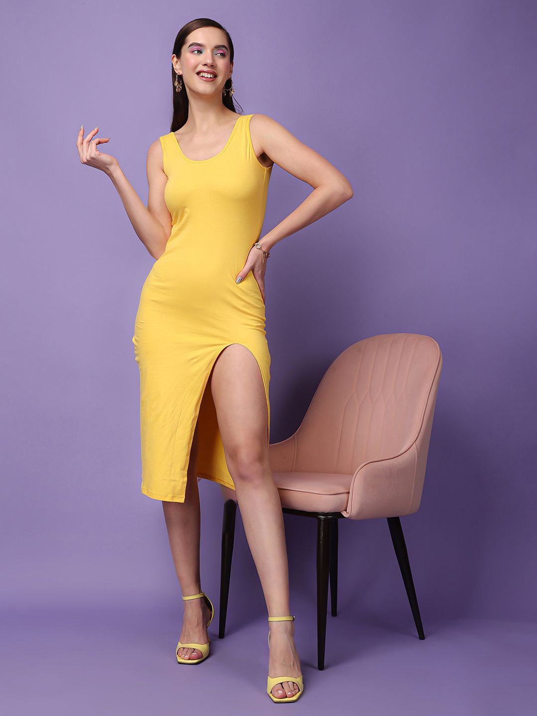 

BAESD Scoop Neck Sleeveless Front Slit Cotton Bodycon Dress, Yellow