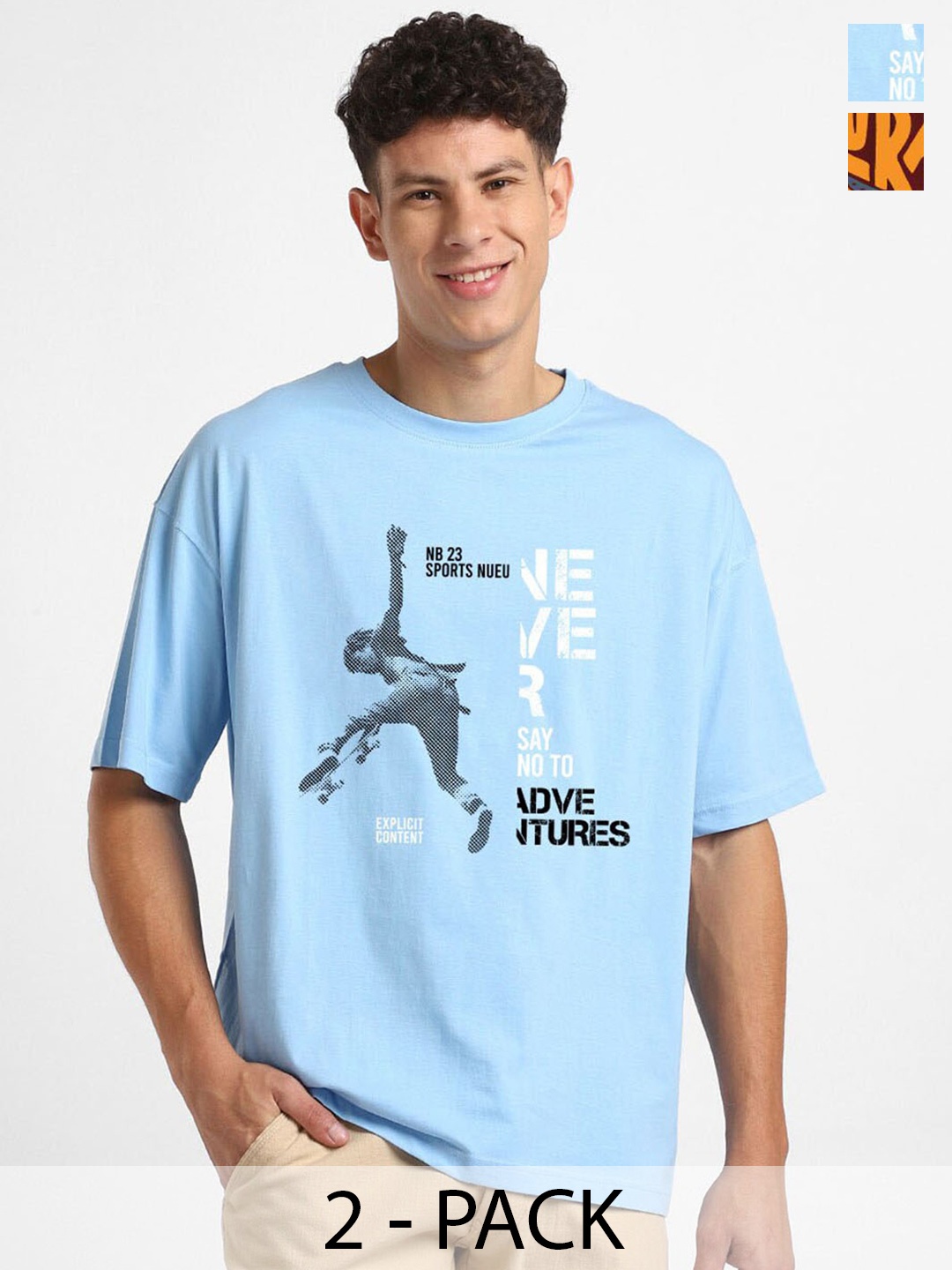 

NOBERO Pack Of 2 Round Neck Printed Cotton Oversized T-shirt, Blue