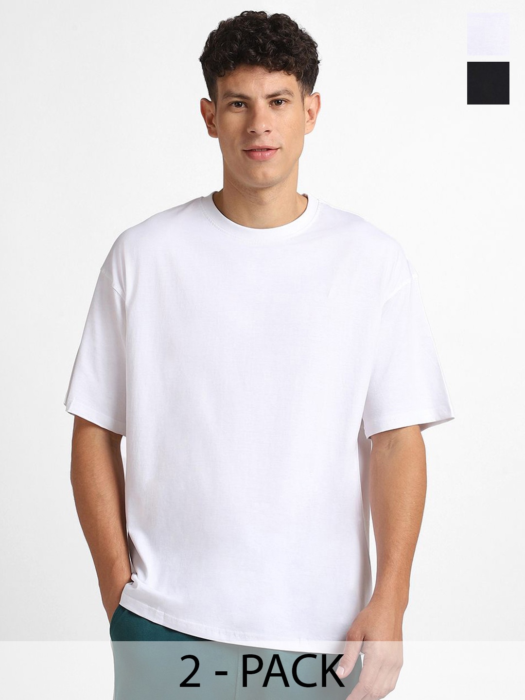 

NOBERO Men Pack of 2 Oversized Round Neck Solid Cotton T-shirt, Multi