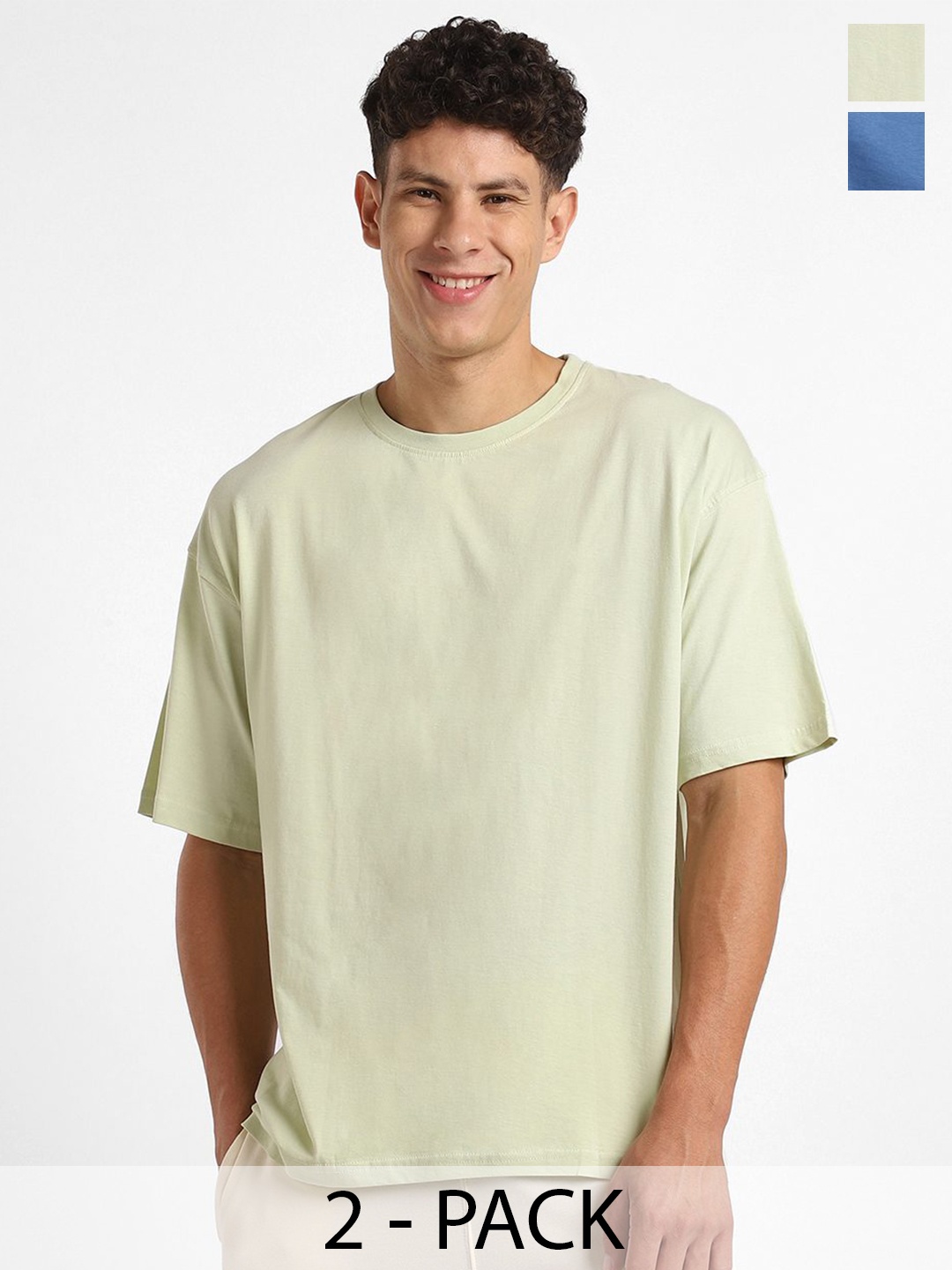 

NOBERO Men Pack of 2 Oversized Round Neck Solid Cotton T-shirt, Off white