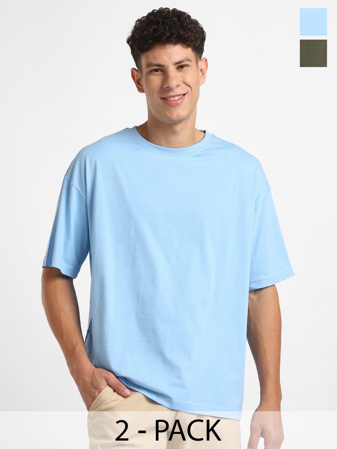 NOBERO Men Pack of 2 Oversized Round Neck Solid Cotton T-shirt, Multi