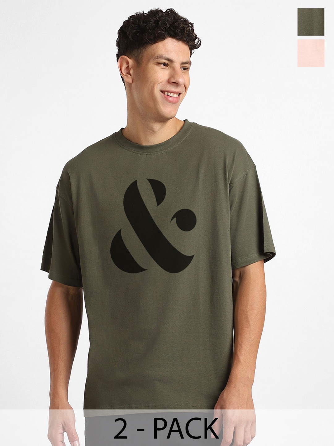 

NOBERO Pack of 2 Men Round Neck Graphic Printed Cotton T-shirt, Olive