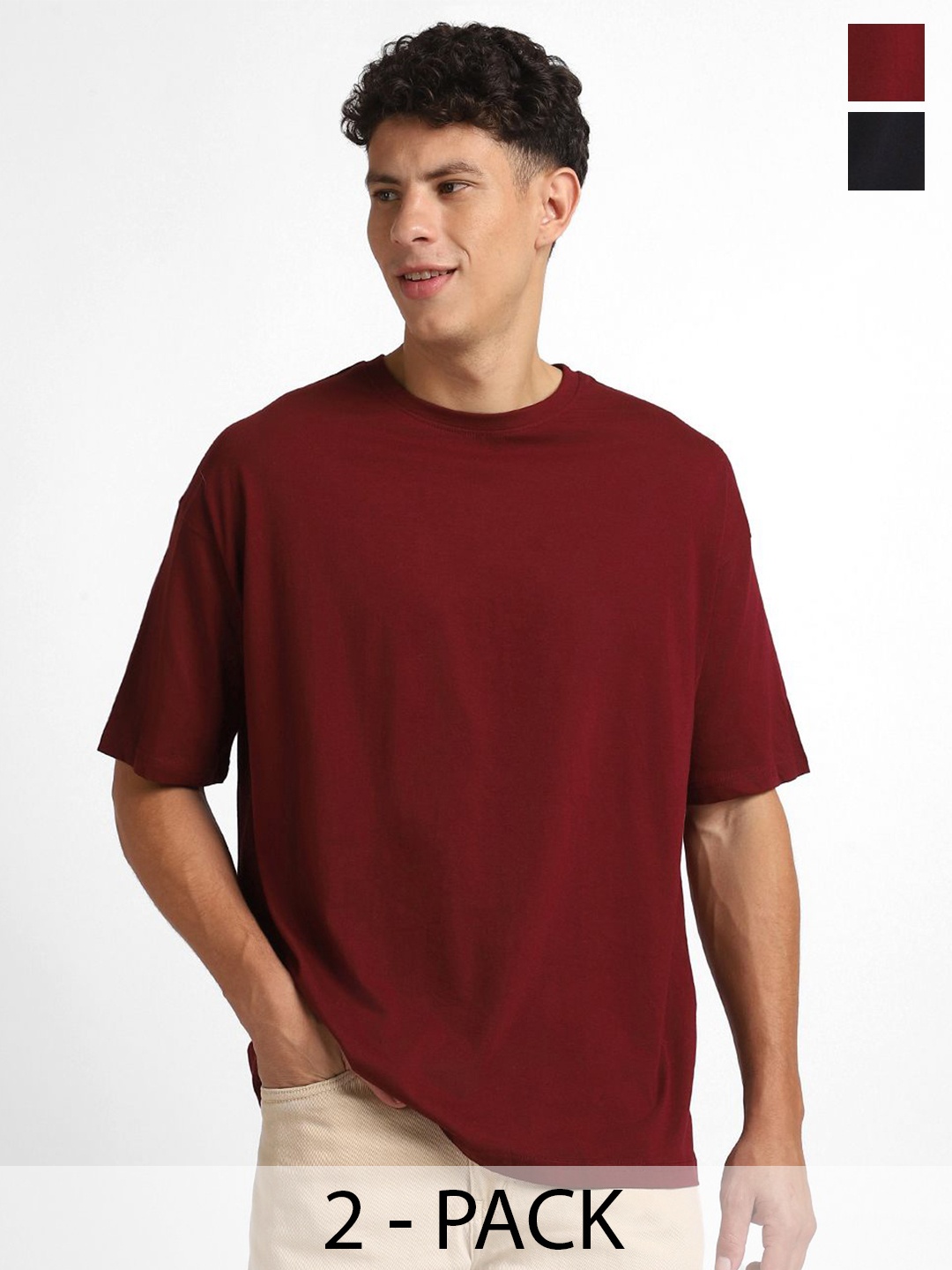 

NOBERO Men Pack of 2 Oversized Round Neck Solid Cotton T-shirt, Maroon