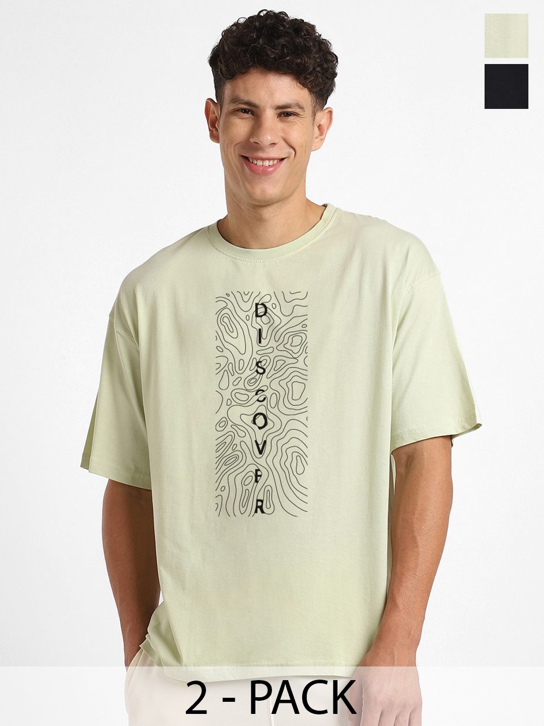 

NOBERO Pack of 2 Men Round Neck Typography Cotton T-shirt, Beige
