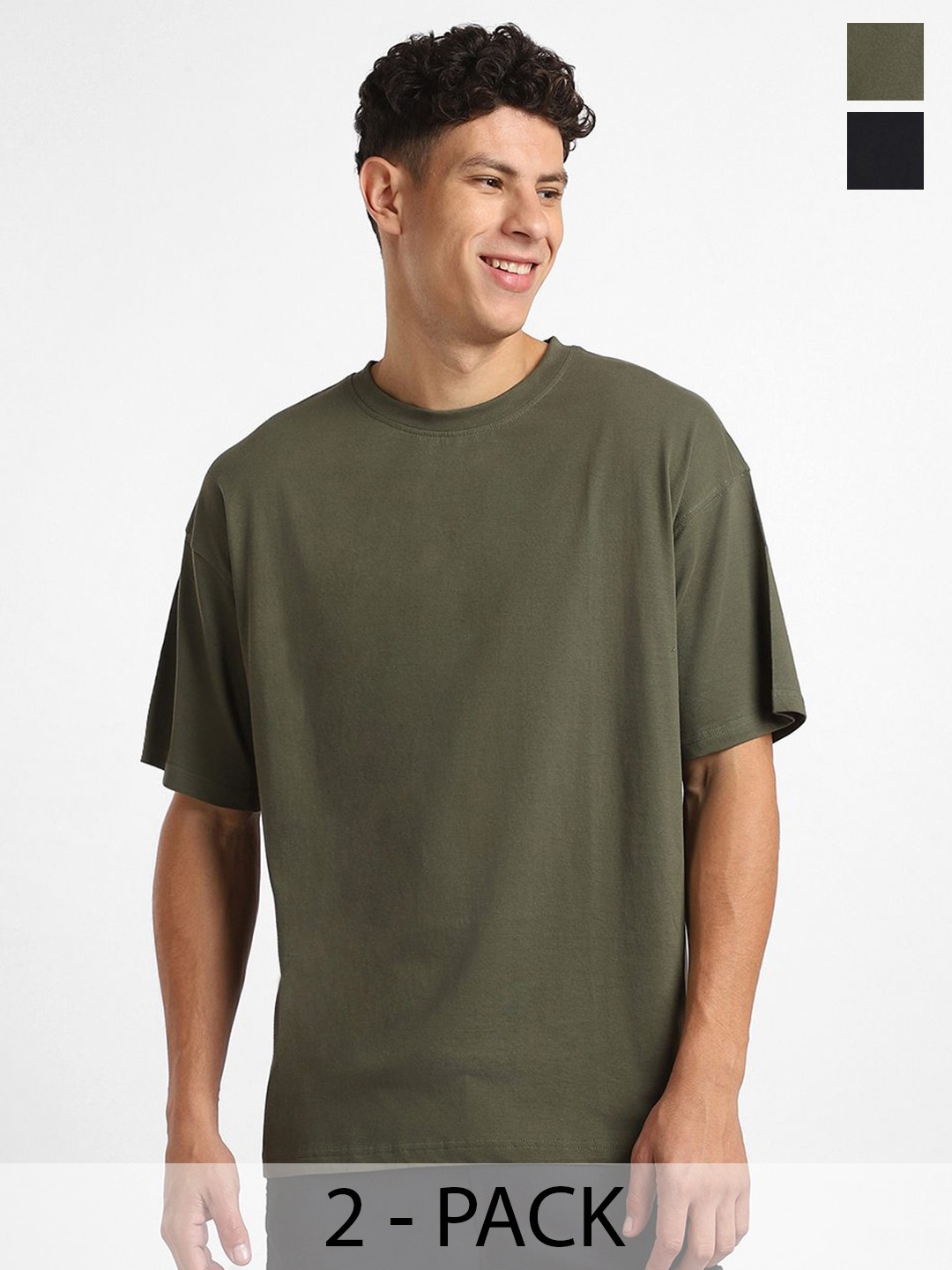 

NOBERO Men Pack of 2 Oversized Round Neck Solid Cotton T-shirt, Multi
