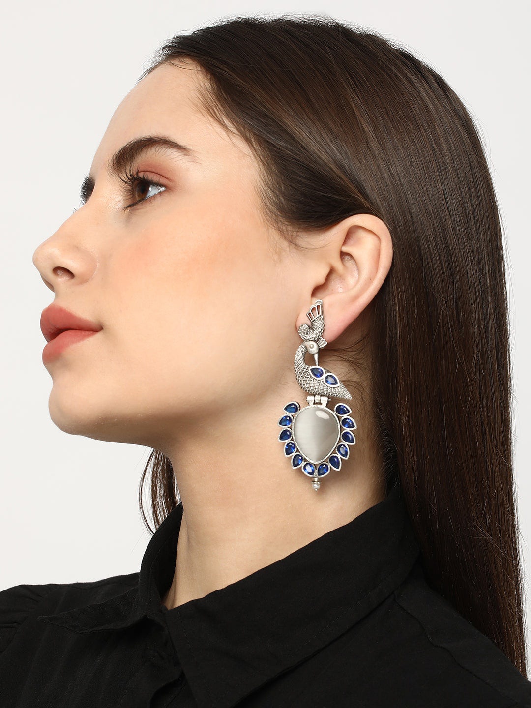 

Niska Stones Studded Peacock Shaped Drop Earrings, Silver