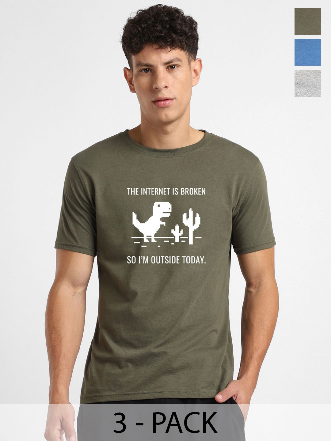 

NOBERO Men Pack Of 3 Typography Printed T-shirt, Olive