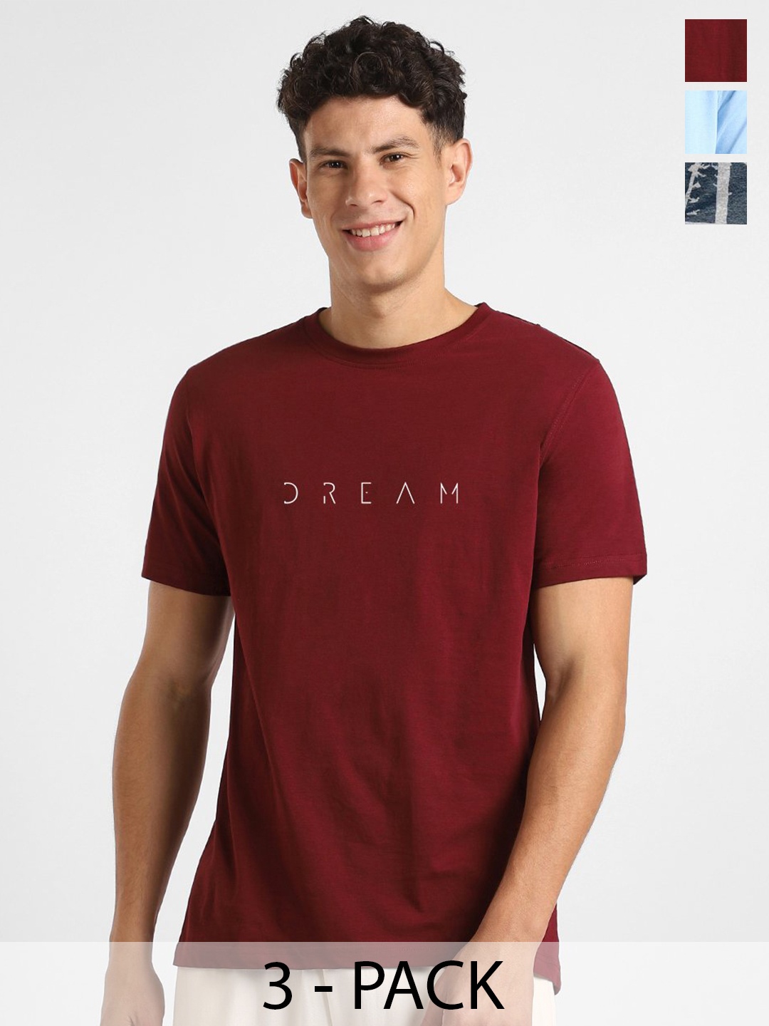 

NOBERO Pack of 3 Men Round Neck Typography Cotton T-shirt, Maroon