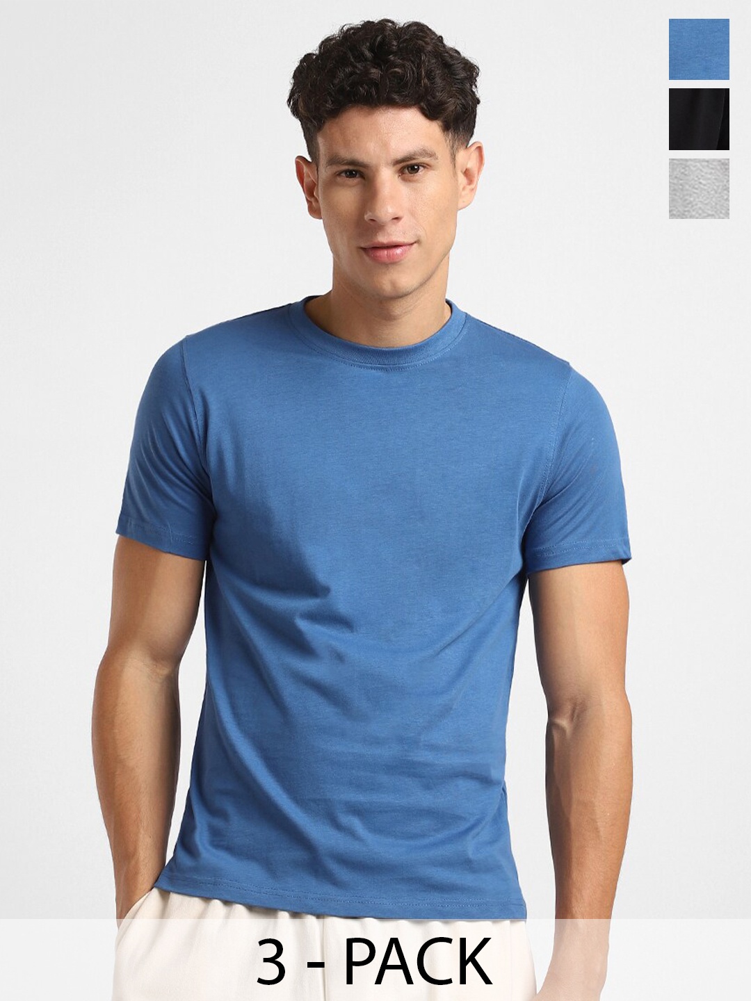 

NOBERO Pack of 3 Men Round Neck Solid Cotton T-shirt, Blue