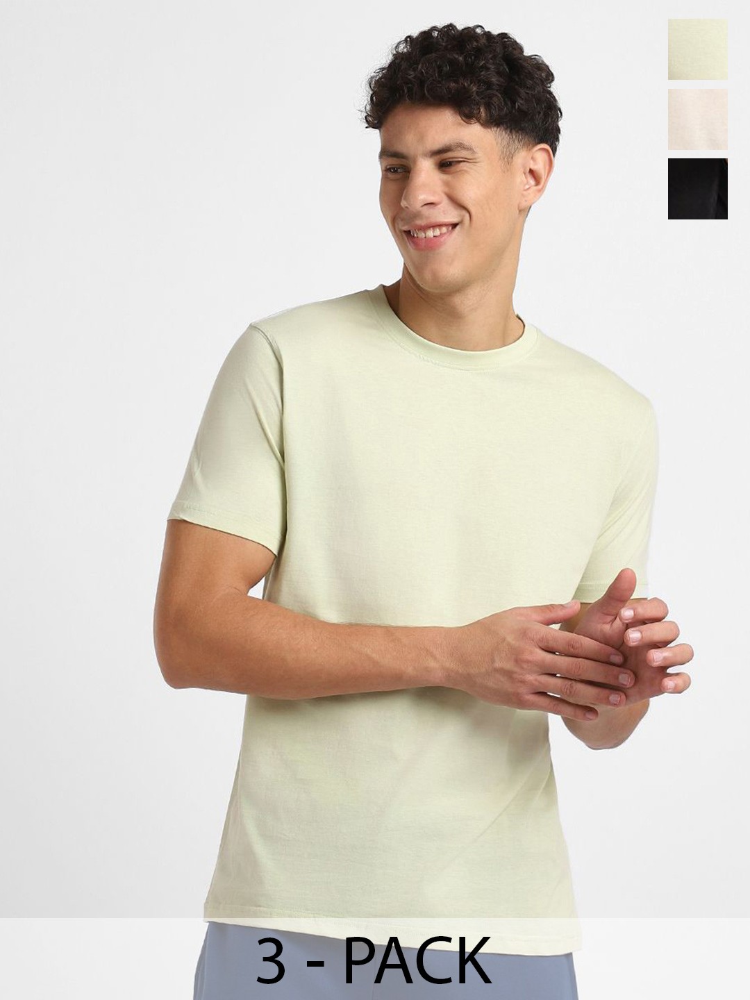

NOBERO Pack Of 3 Round Neck Cotton T-shirt, Beige