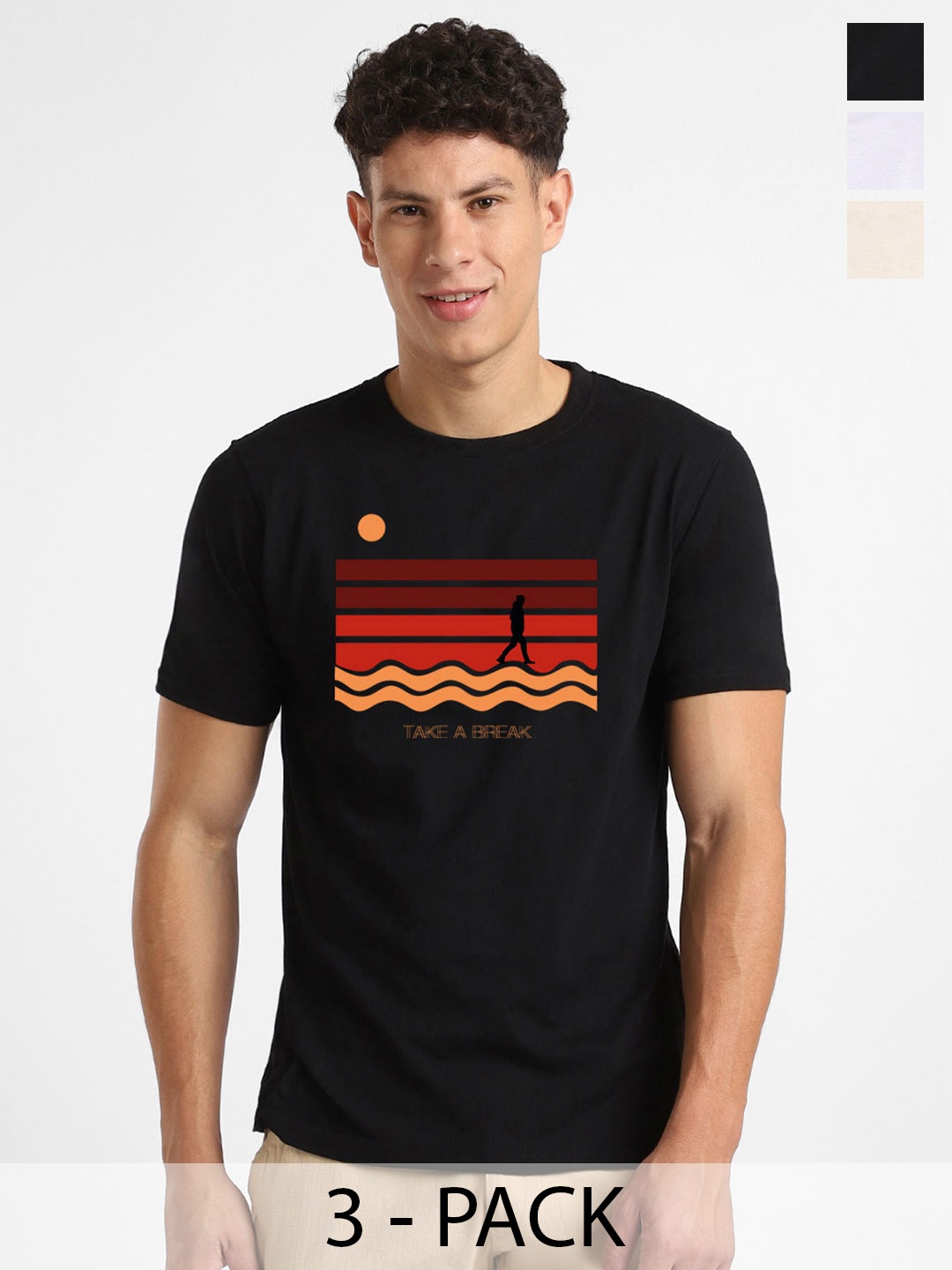 

NOBERO Men Pack Of 3 Graphic Printed T-shirt, Black
