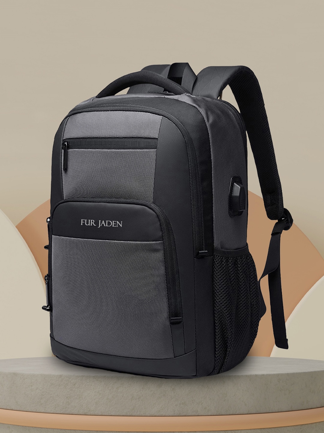 

FUR JADEN Unisex Brand Logo Backpack with USB Charging Port, Grey