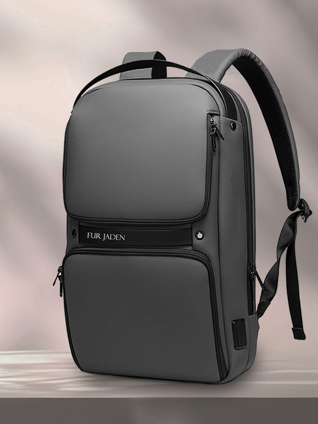 

FUR JADEN Unisex Brand Logo Laptop Backpack with USB Charging Port, Grey