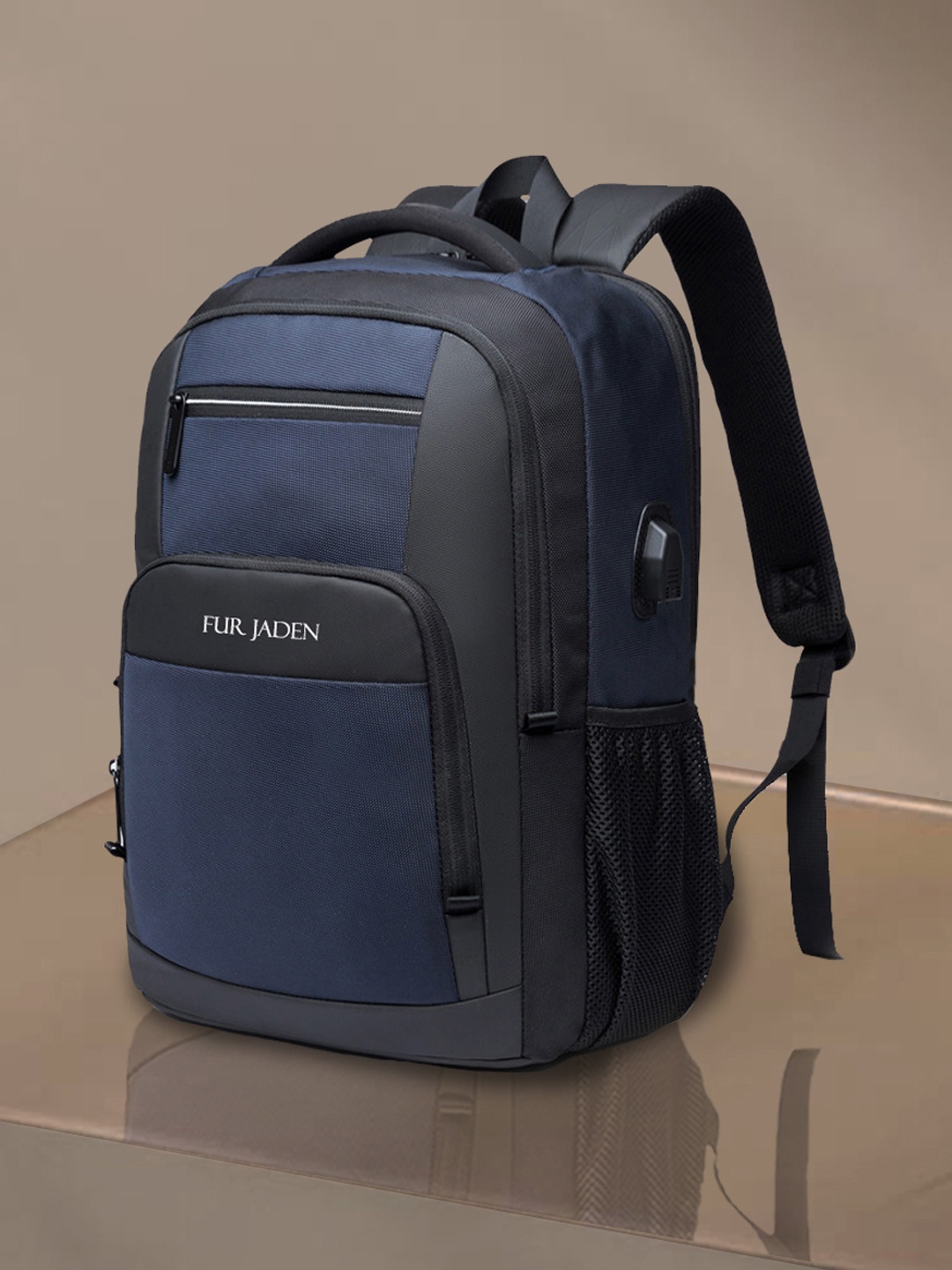 

FUR JADEN Unisex Brand Logo Padded Backpack, Navy blue