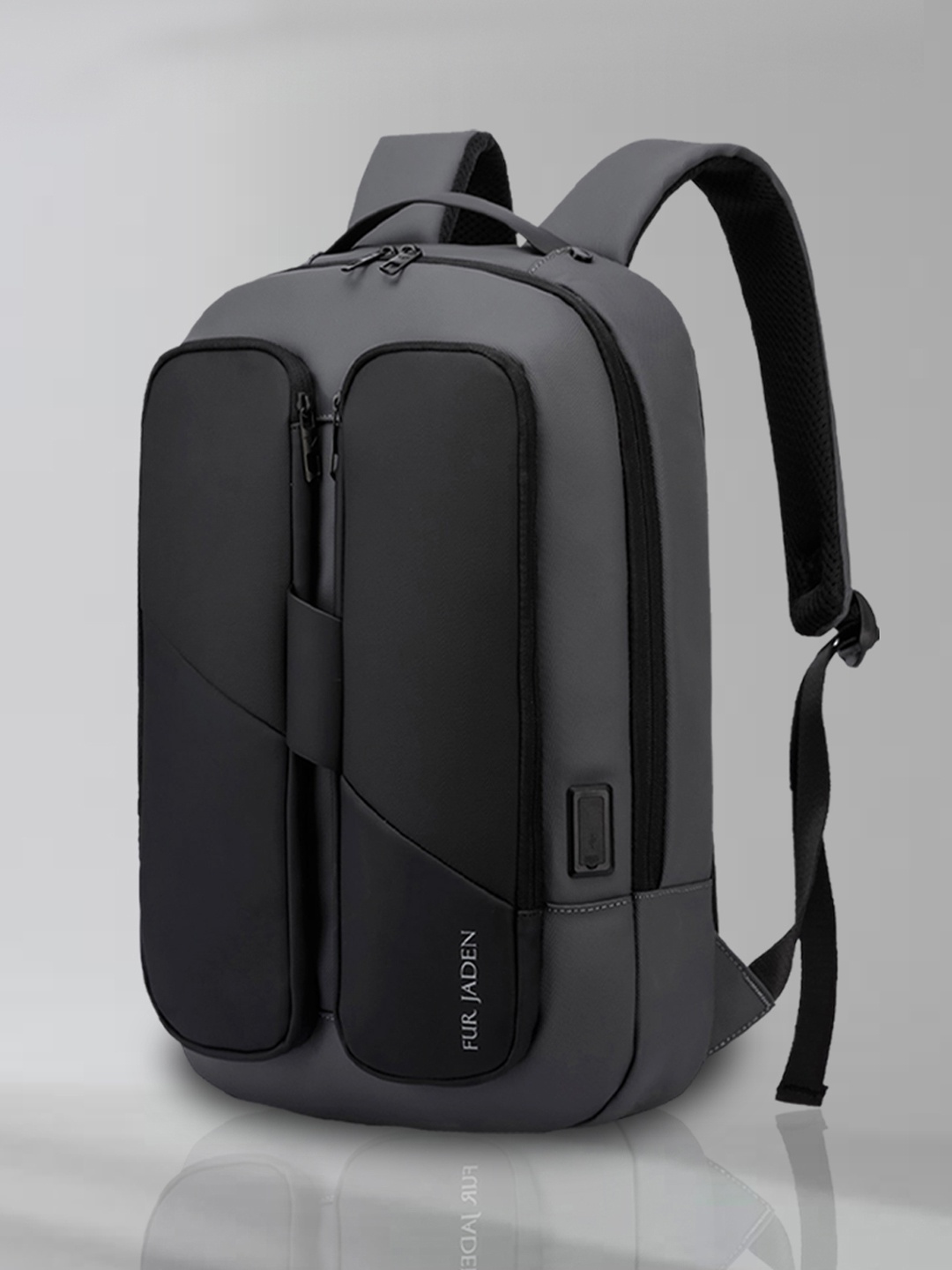 

FUR JADEN Unisex Brand Logo Backpack with USB Charging Port, Grey