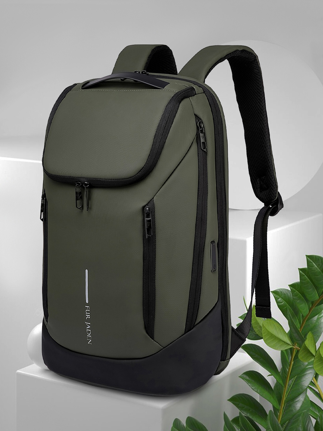 

FUR JADEN Unisex Brand Logo Laptop Backpack with USB Charging Port, Green