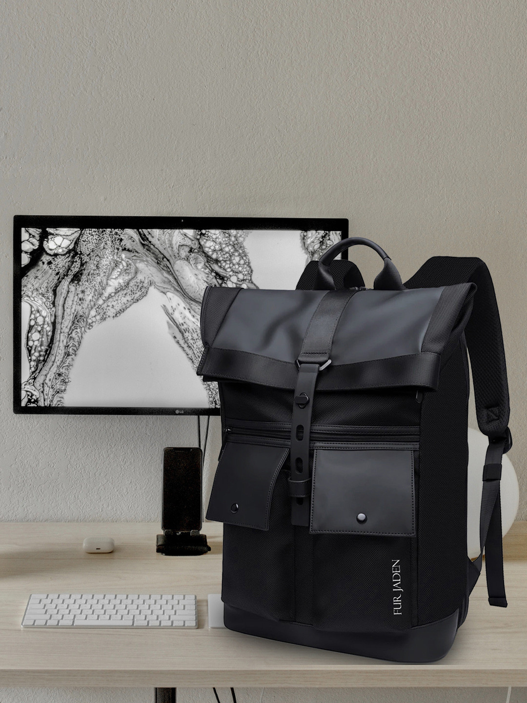 

FUR JADEN Unisex Brand Logo Backpack with USB Charging Port, Black