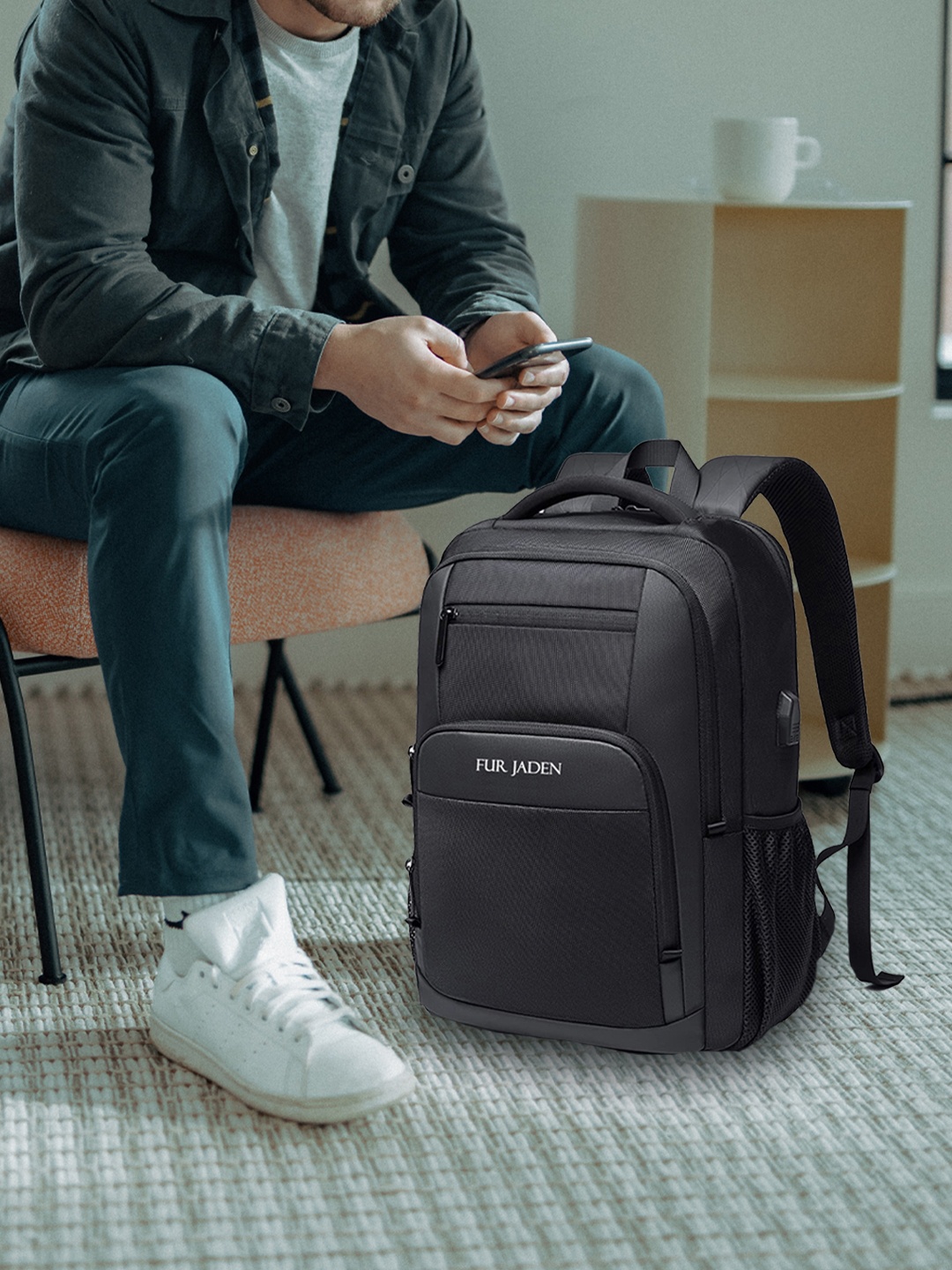 

FUR JADEN Unisex Brand Logo Backpack with USB Charging Port, Black