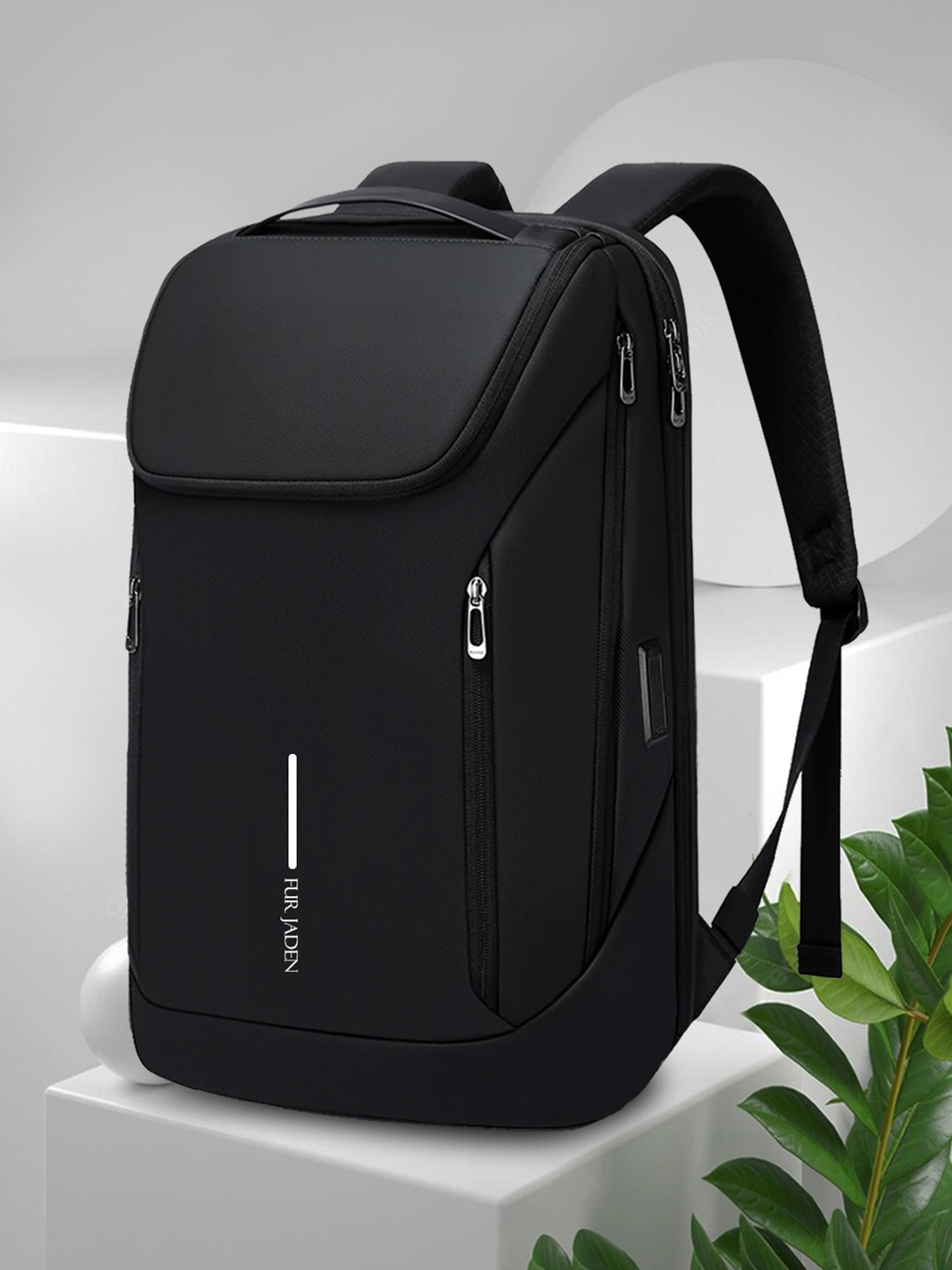 

FUR JADEN Unisex Brand Logo Backpack with USB Charging Port, Black
