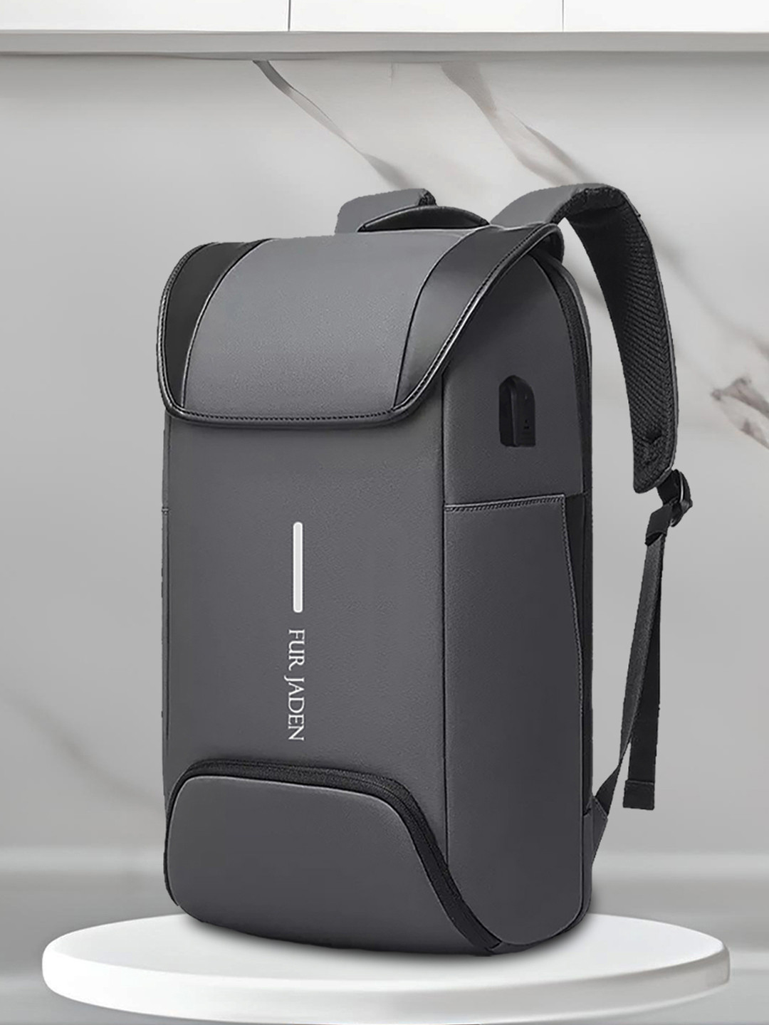 

FUR JADEN Unisex Brand Logo Laptop Backpack with USB Charging Port, Grey