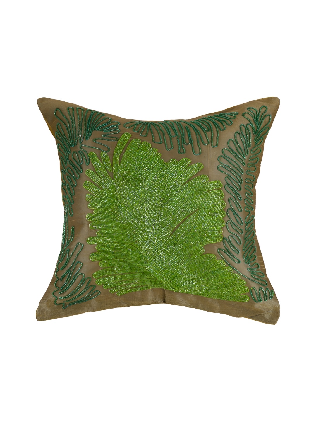 

YWULY Green & Brown Floral Embellished Square Cushion Cover