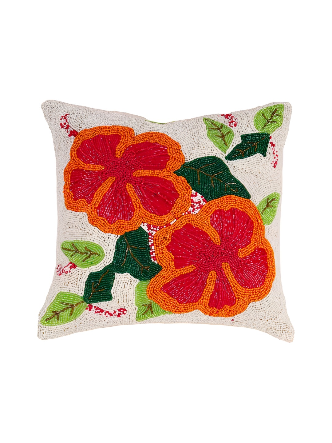 

YWULY White & Red Floral Embellished Square Cushion Cover