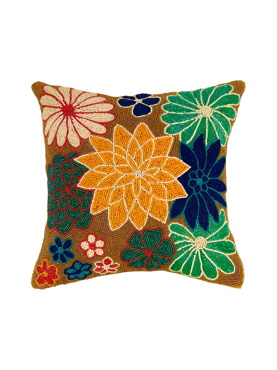 

YWULY Yellow & Brown Floral Embellished Square Cushion Cover