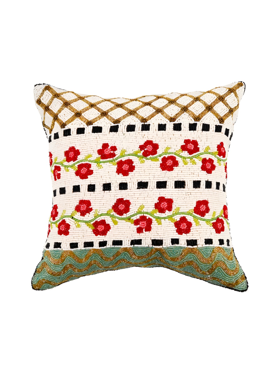 

YWULY White & Red Floral Embellished Square Cushion Cover